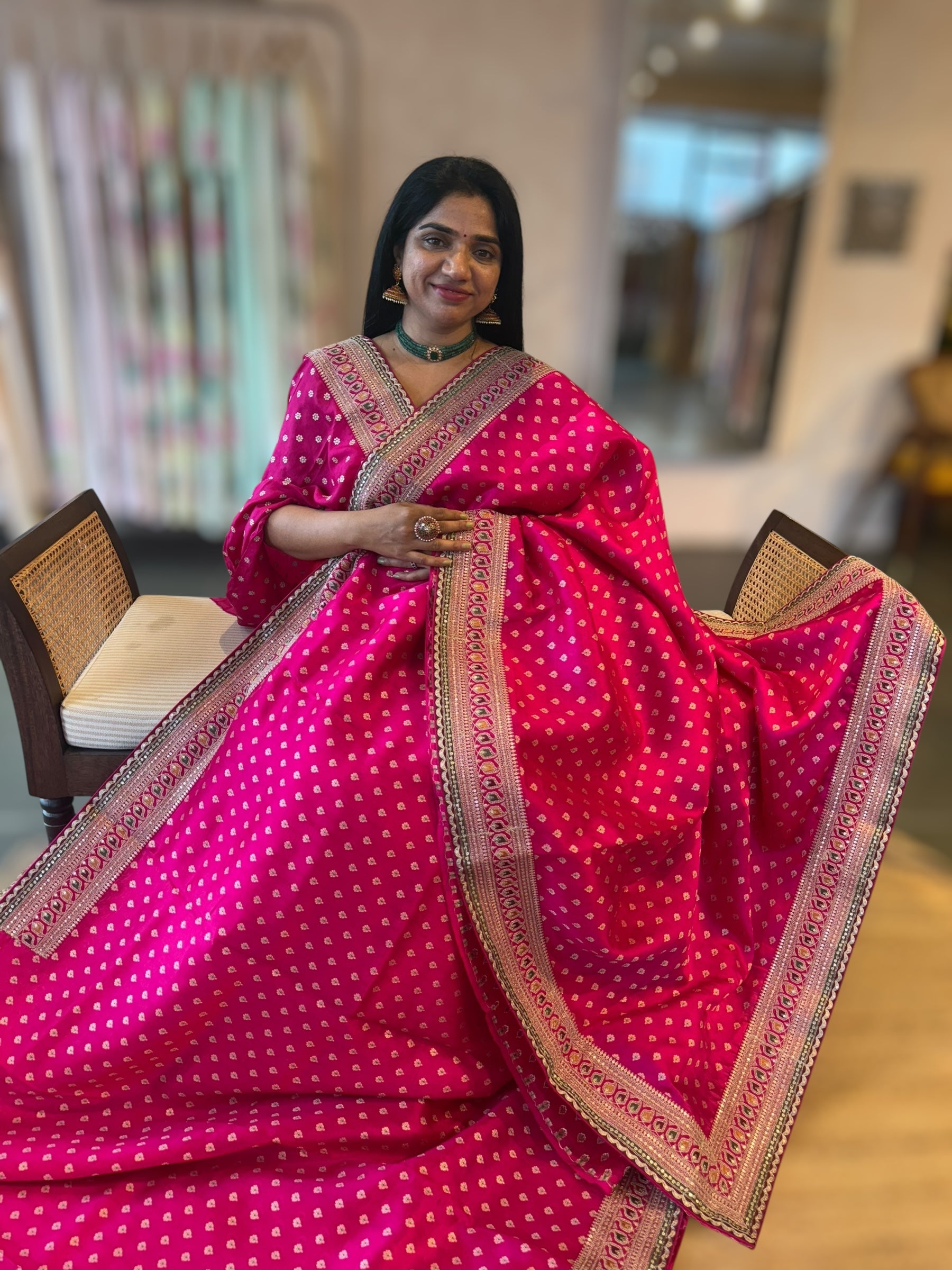 Rani Pink Banarasi Silk Saree With Allover Meenakari Buti & Sabhyasachi Borders