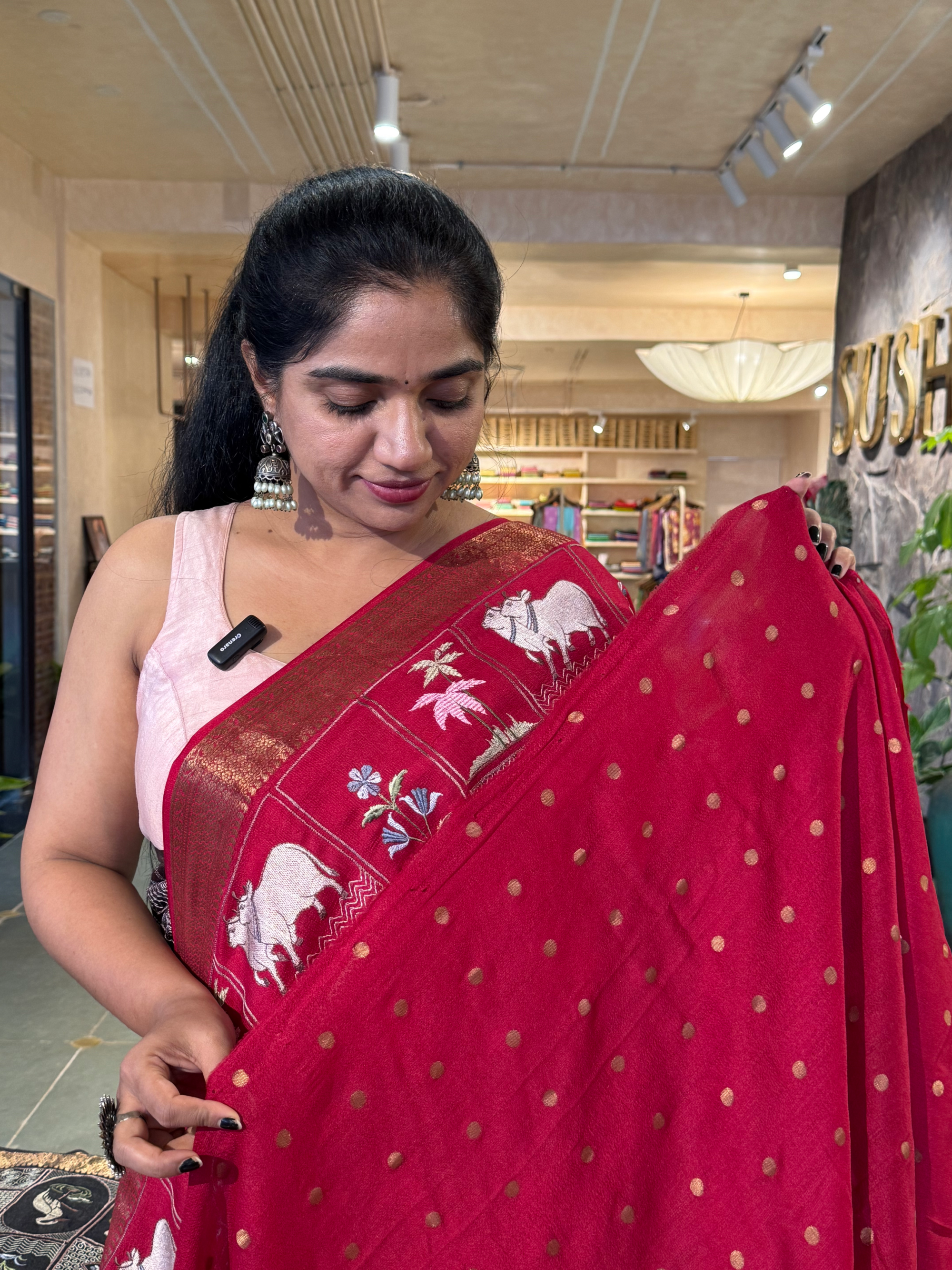SMSEA108  Ruby Pink Pure Handloom Munga Silk Saree with Pichwai Embroidery