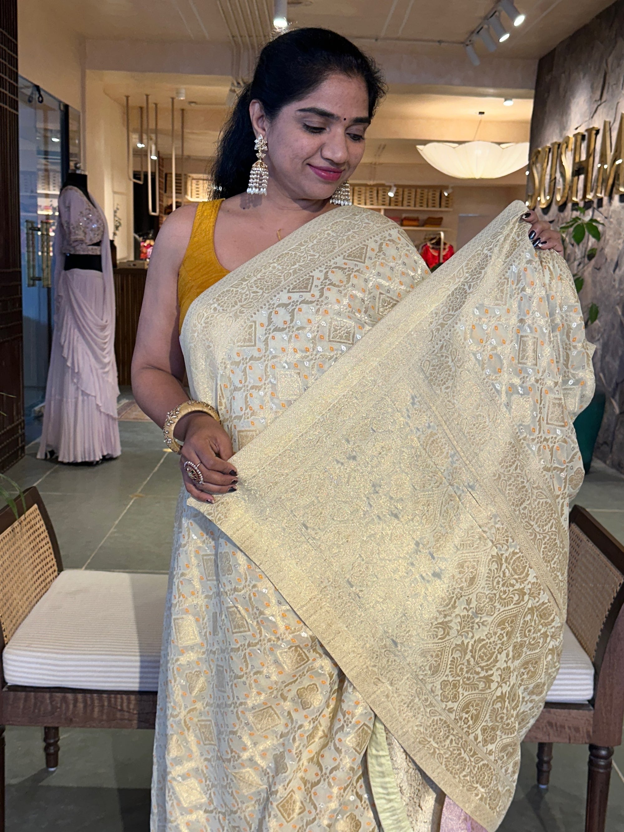 Banarasi Gorgette Bandhini Saree