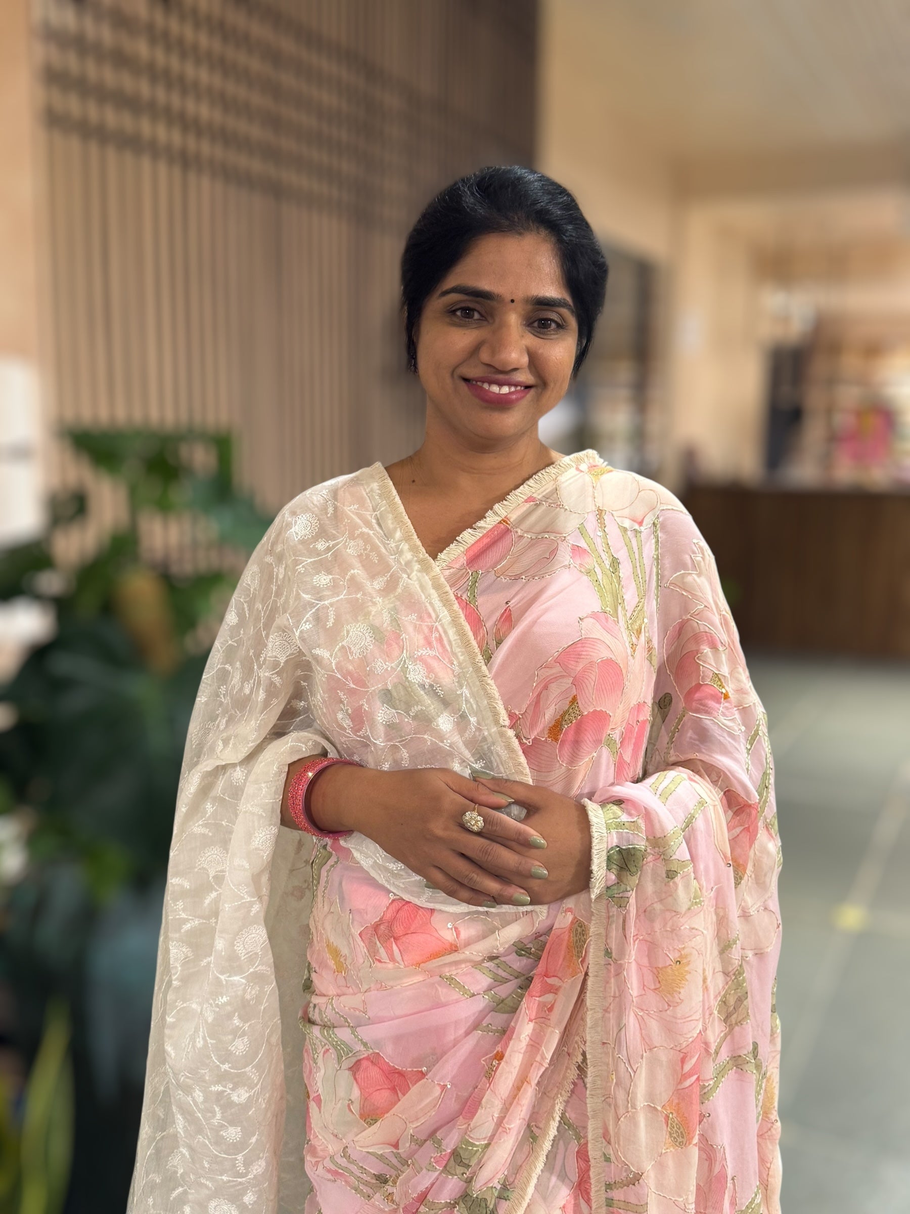 Pastel Pink Pure Gorgette Printed Saree With Allover Hand Done Katha work