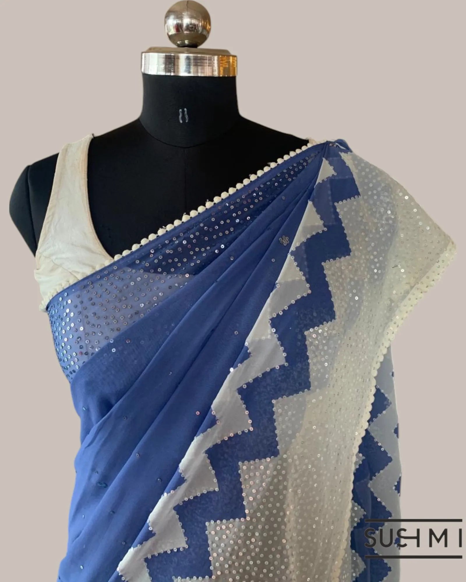 Blue Pure Gorgette Saree With Zigzag Pattern Sequnce Border