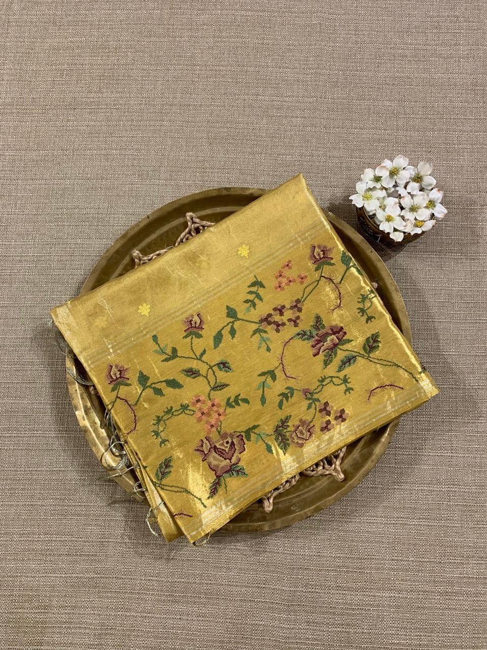 KPPJ2502: Gold Kanchi Soft Silk Tissue Saree With Petite Point Work Border