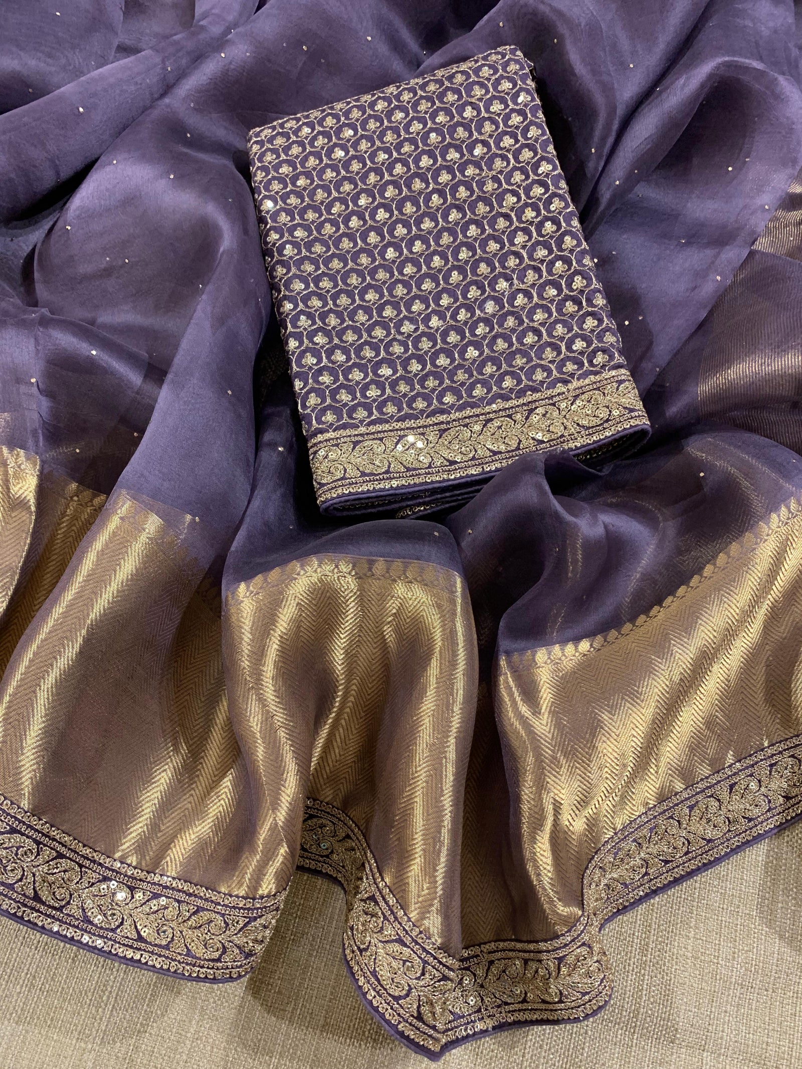 SK1091414ORG:Bluish Violet Kanchi Kora Saree with allover mukaish handwork