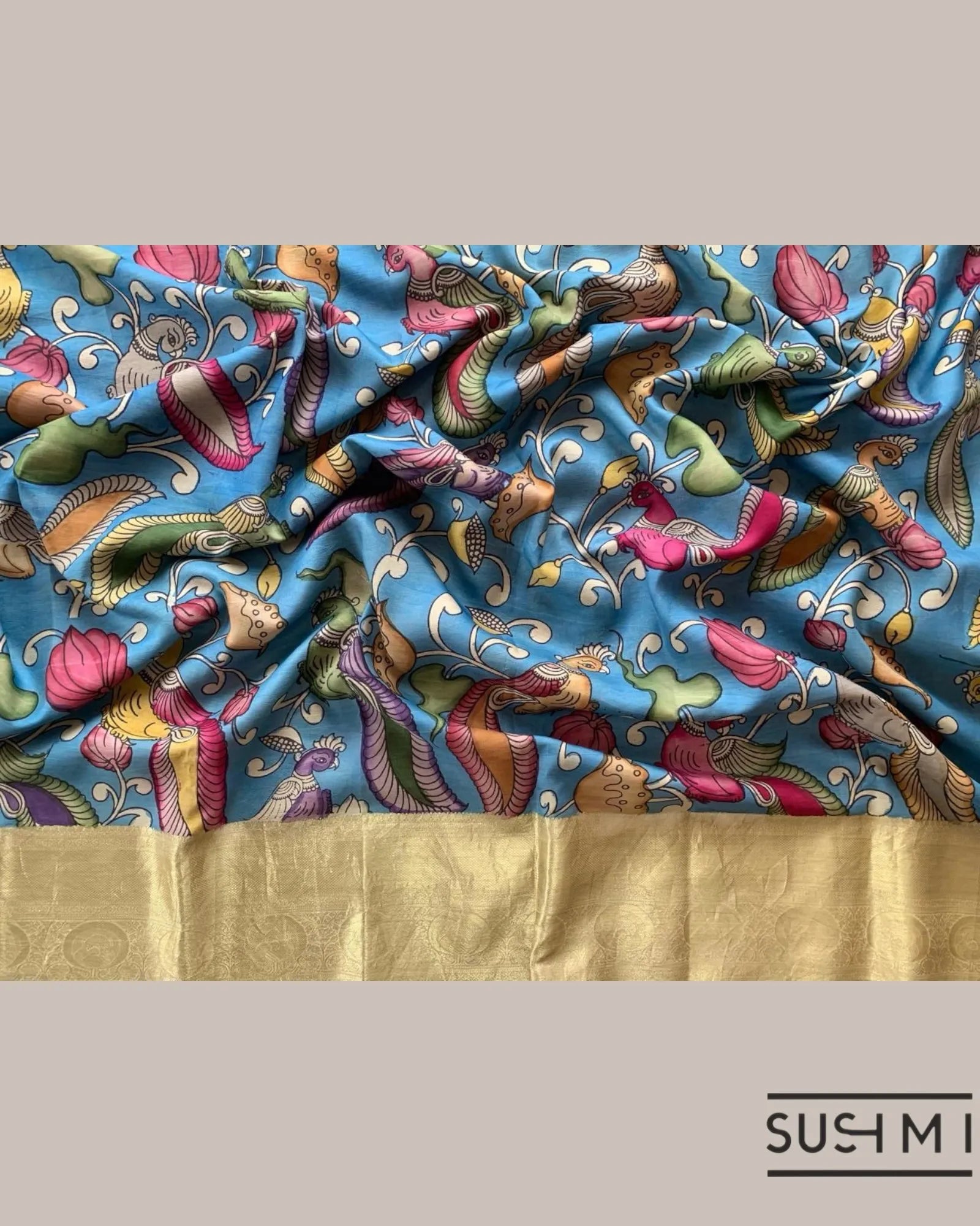 Blue Kanchi Pen kalamkari handpainted saree with heavy borders