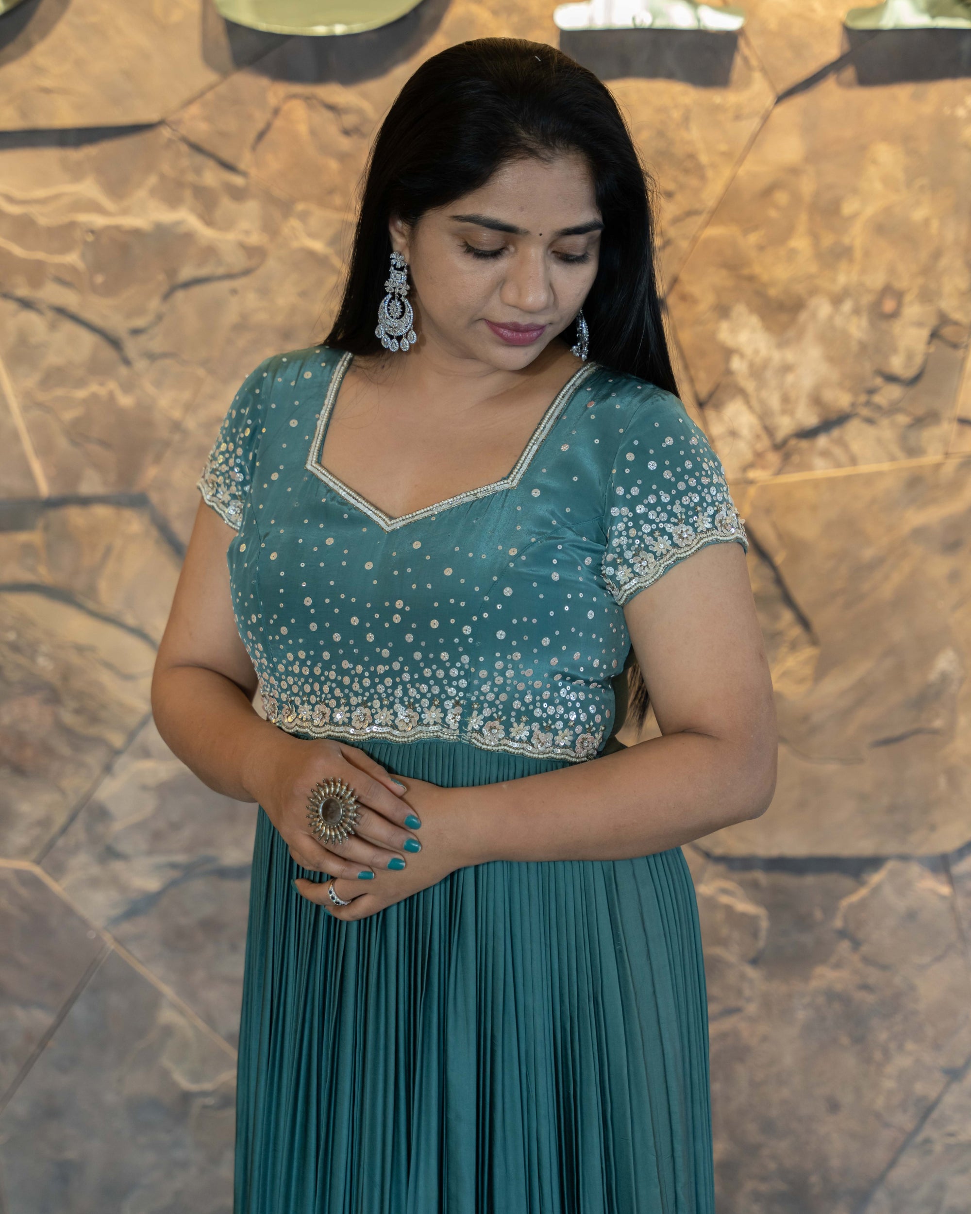 Peacock Blue Modal Satin Silk Long Frock with handwork yoke