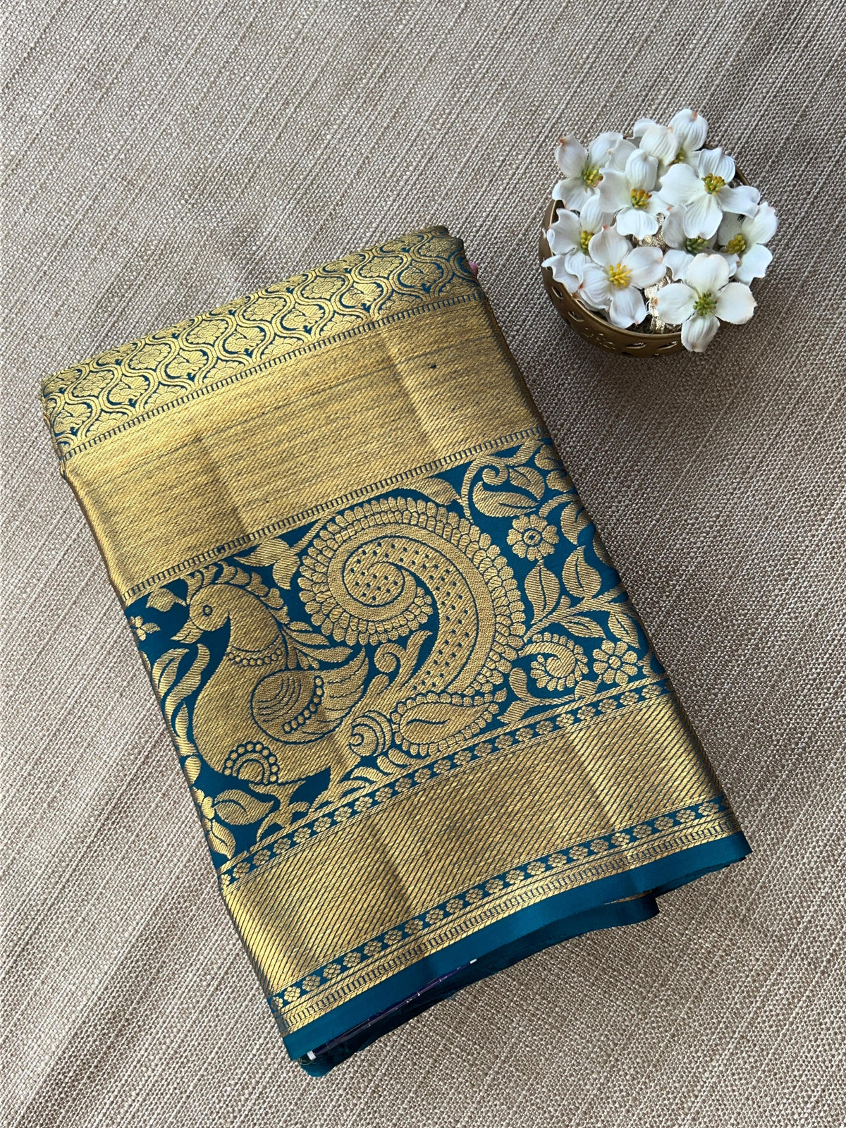 Lotus Pink & Peacock Blue Combo Pure Kanchi Tissue allover Brocade Saree