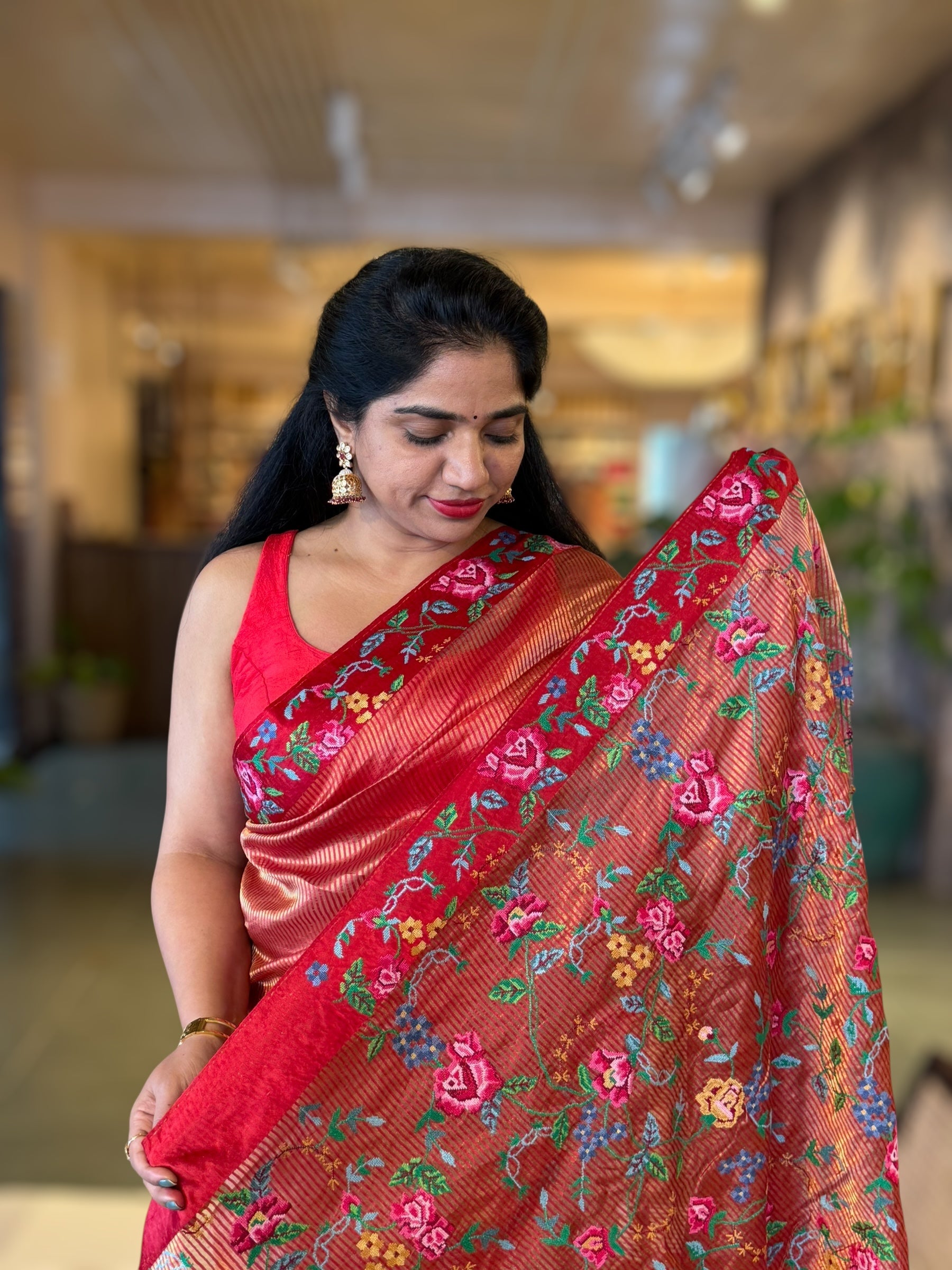Red Kora Tissue Stripes Saree with Petite Point Embroidered Border Pallu & BP
