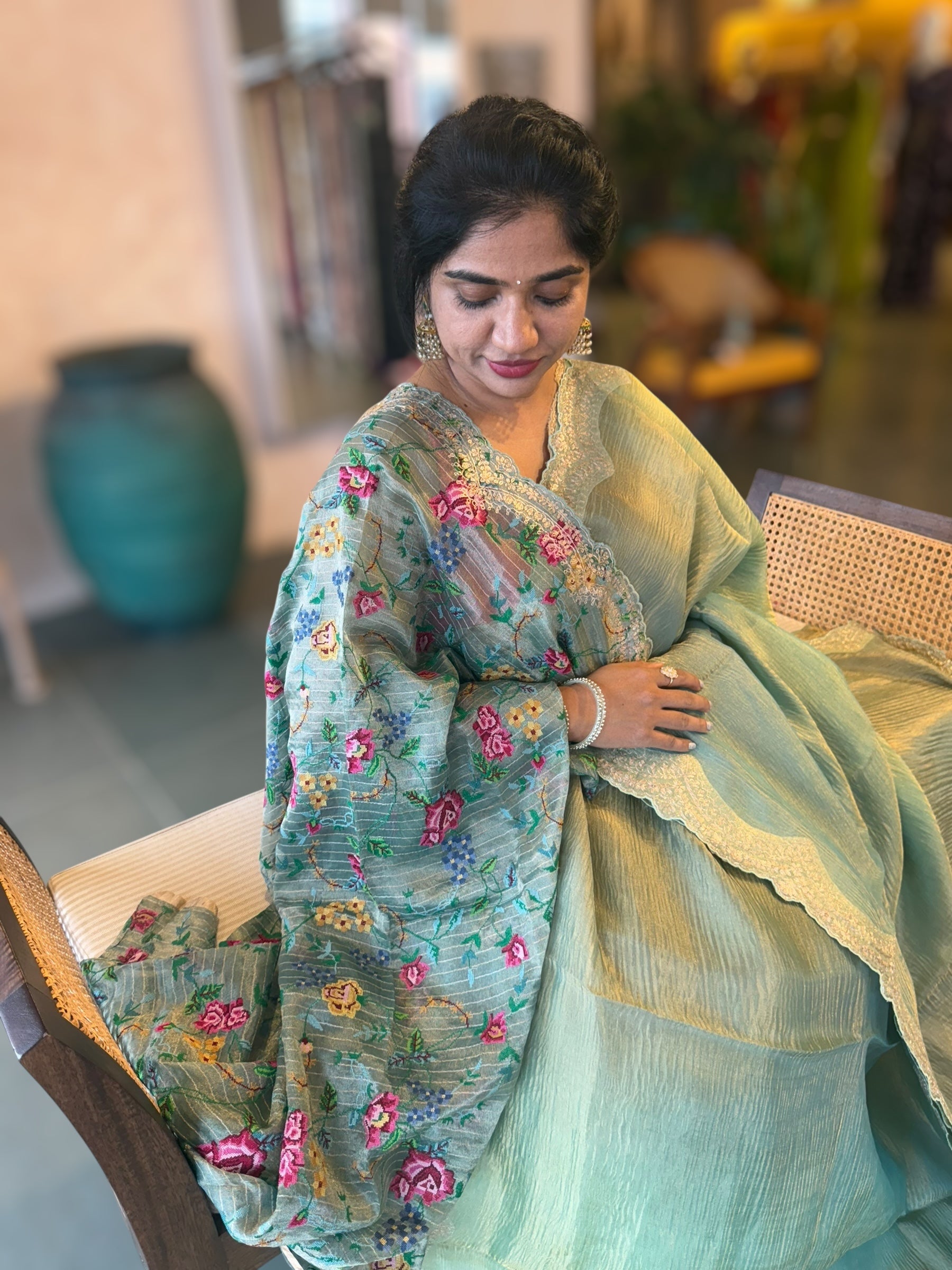 Ombre Dyed Crush Tissue Saree With Pitawork Border & Petite Point Embroidered BP