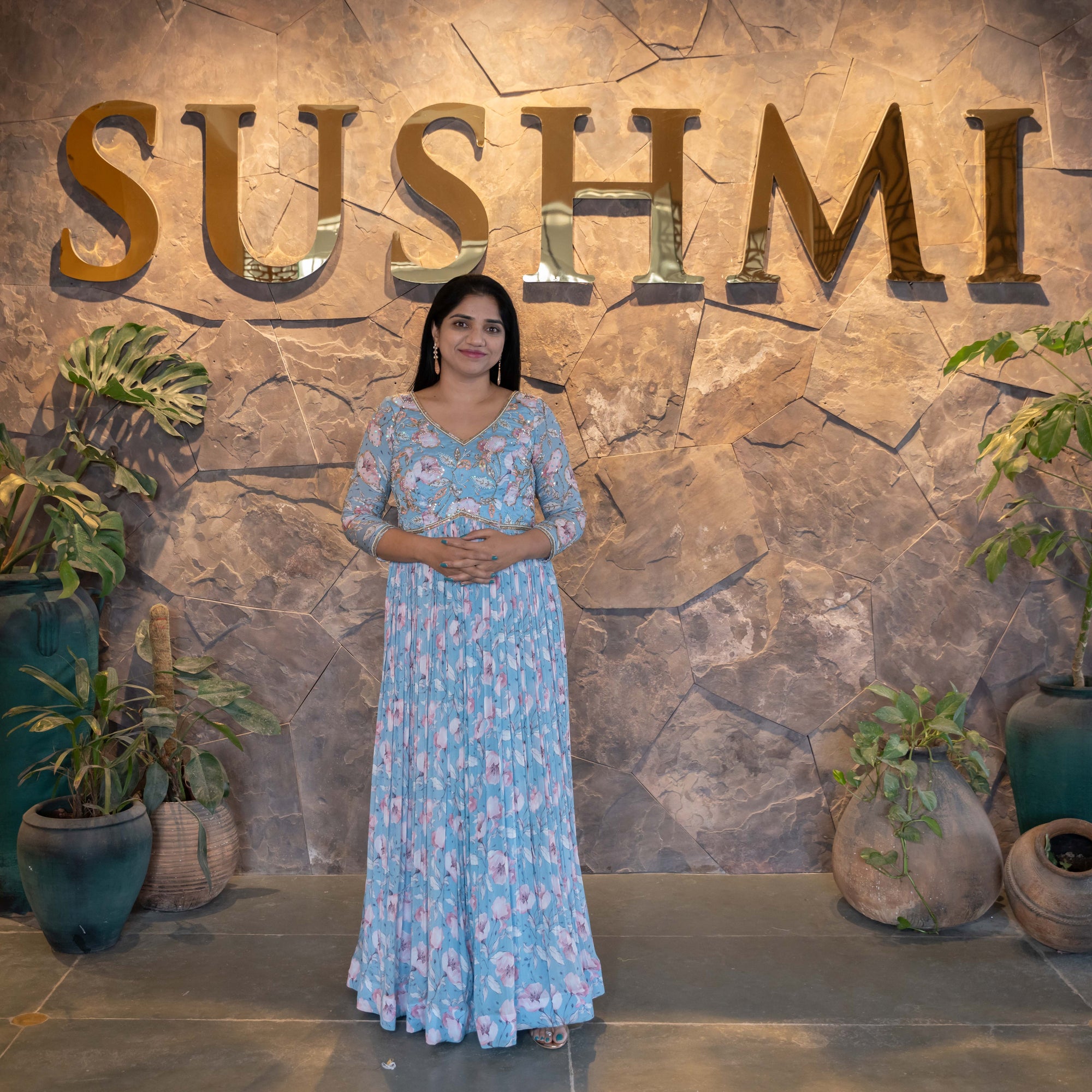 Pure Chinnon Printed Long Frock with handwork yoke