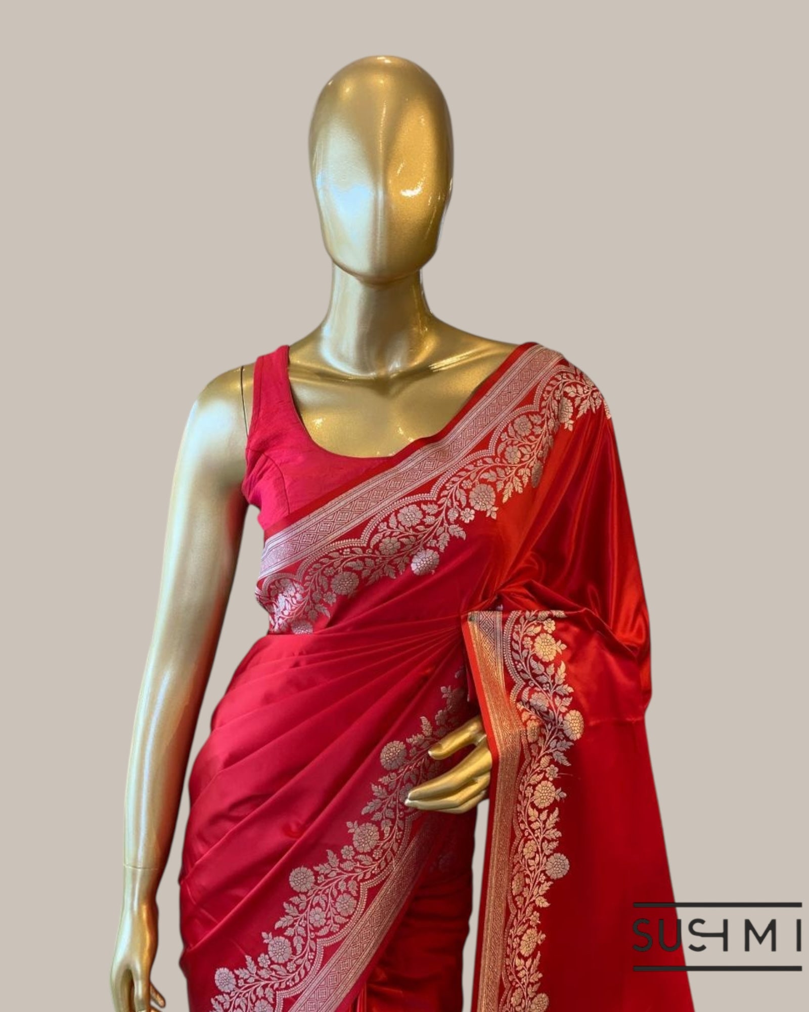 Chilli Red Mashru Silk Saree With Straight and Scalloped Border