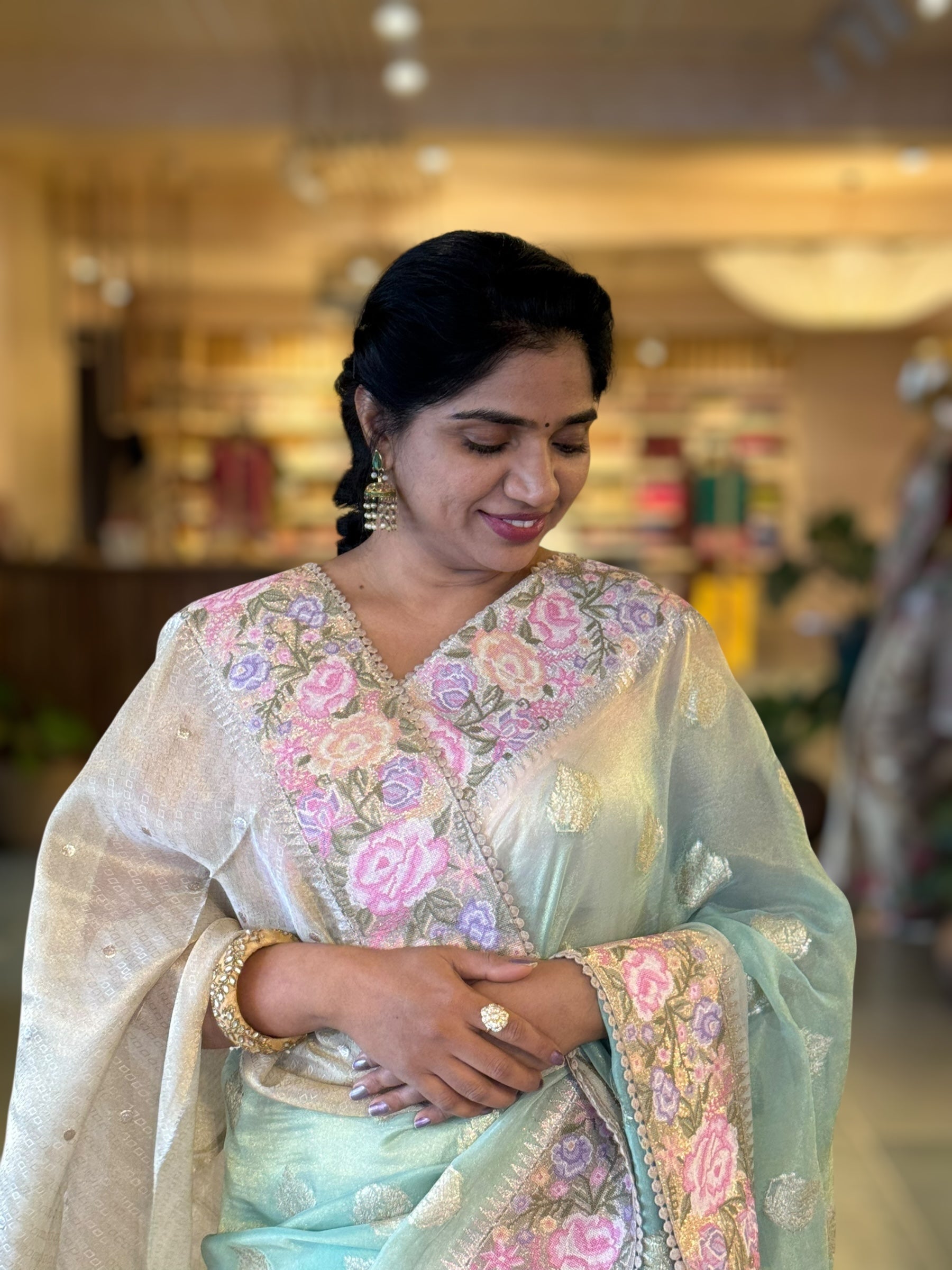 Mint Banarasi Tissue Gorgette Saree With Petite Point Embroidered Border