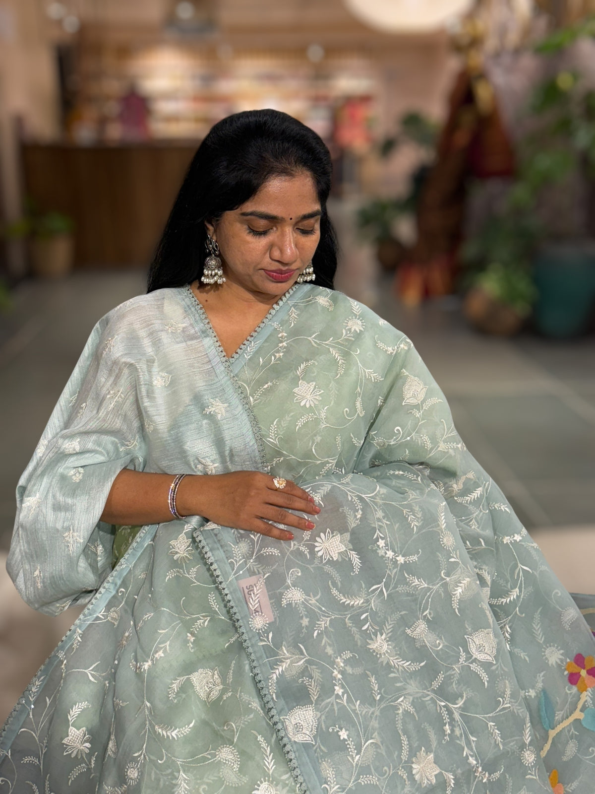 Pista  Green Pure Handloom Muslin Saree with Allover chikankari & Jamdnai Pallu