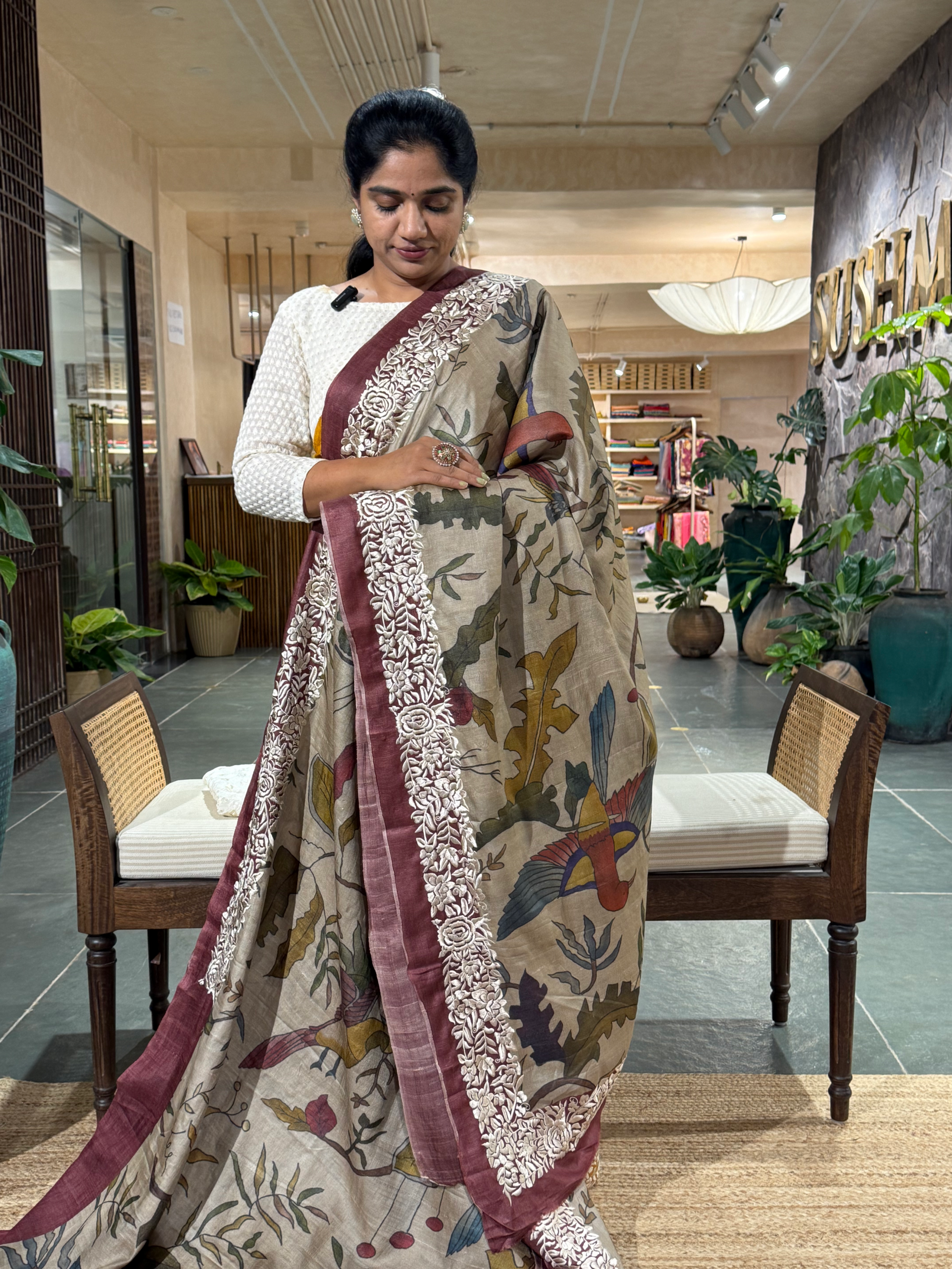 STPGA907 Pure Tussar Fusion Saree with Parsi Gara Embroidered border