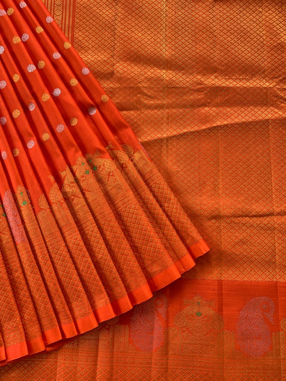 Orange  Pure Handloom Gadwal Saree Turning Borders