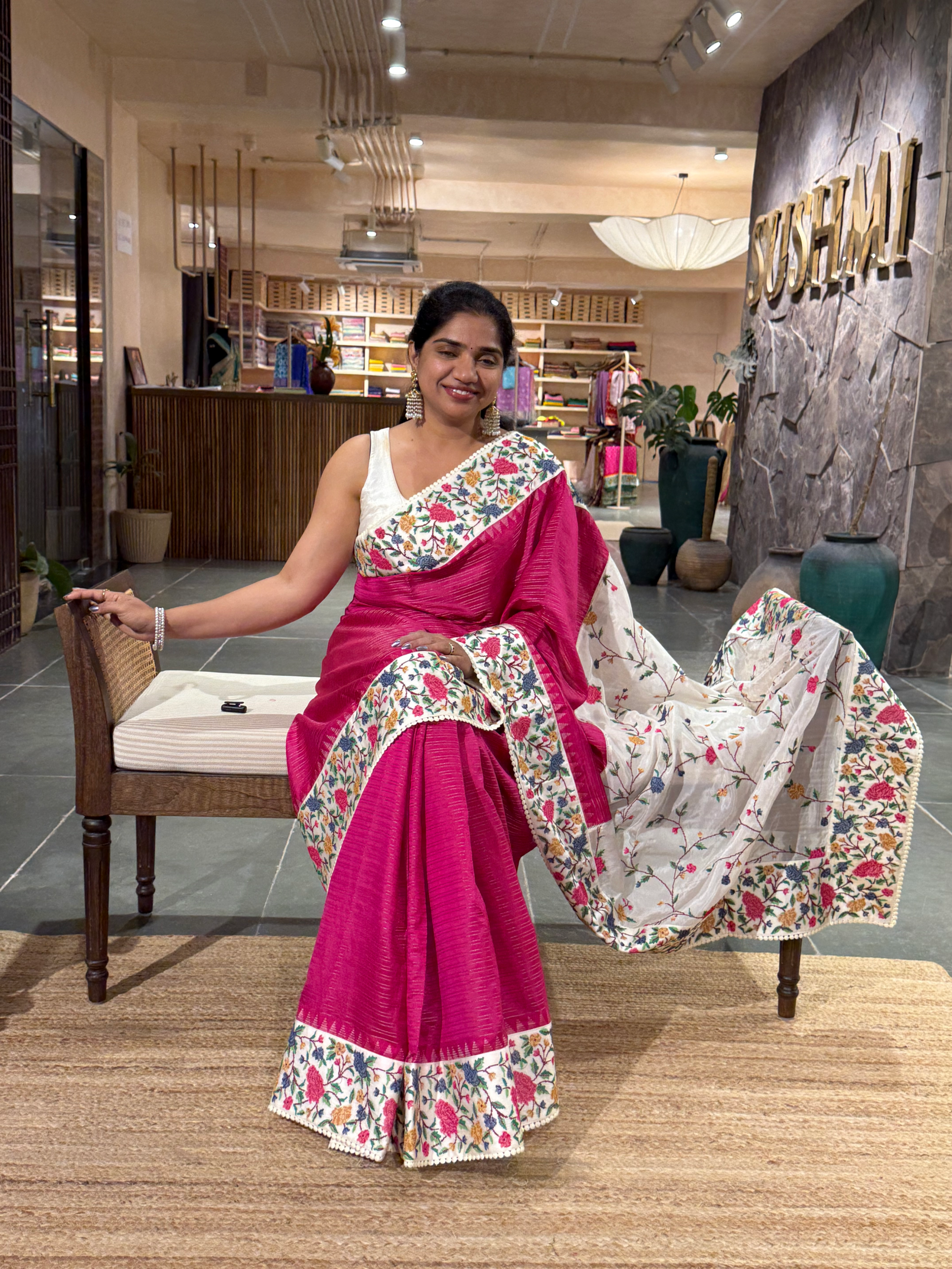 Dark Pink Soft Silk Saree with Petite Point Embroidery