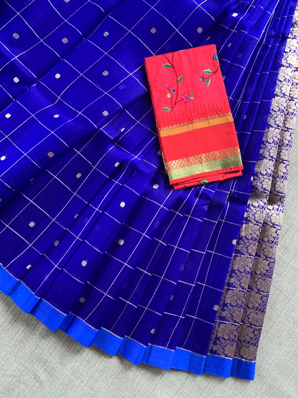 RoyalBlue Handloom Banarasi Kora Checks Saree with Kaduwa Woven Zari Motifs .