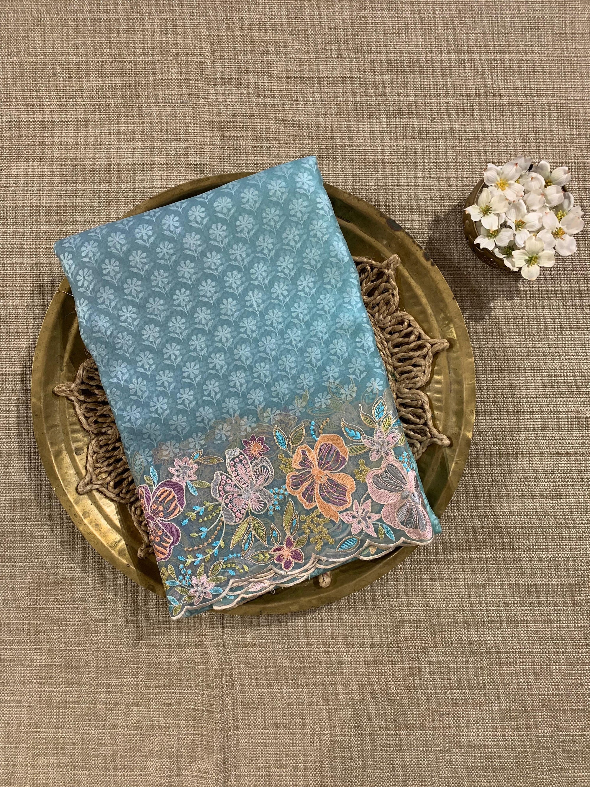 Blue Pure Organza Brasso Saree with Stunning Embroidered Border and Blouse