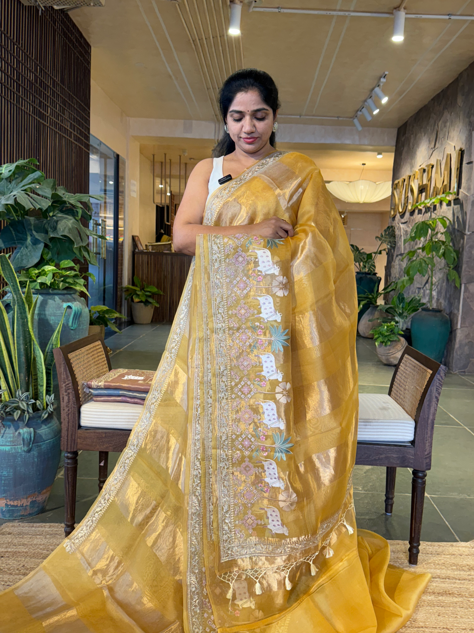 Mustard Kora Tissue Stripes with Pichwai & Jamdani Inspired Embroidery