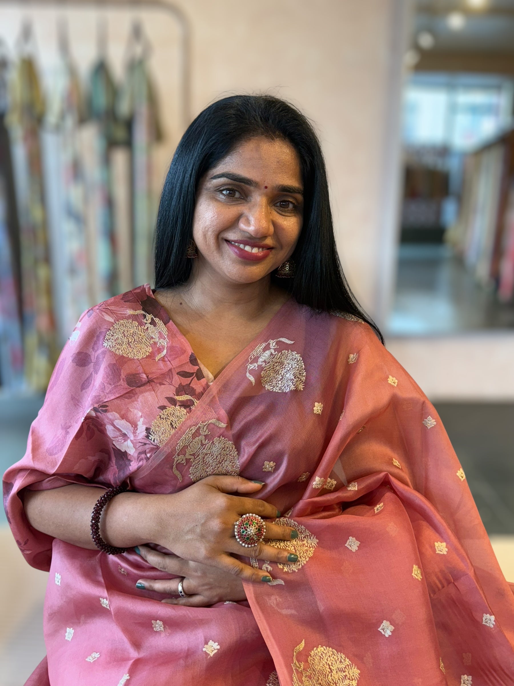 Onion Pink Organza Saree With Embroidered Open Border With Tussar Printed Blouse