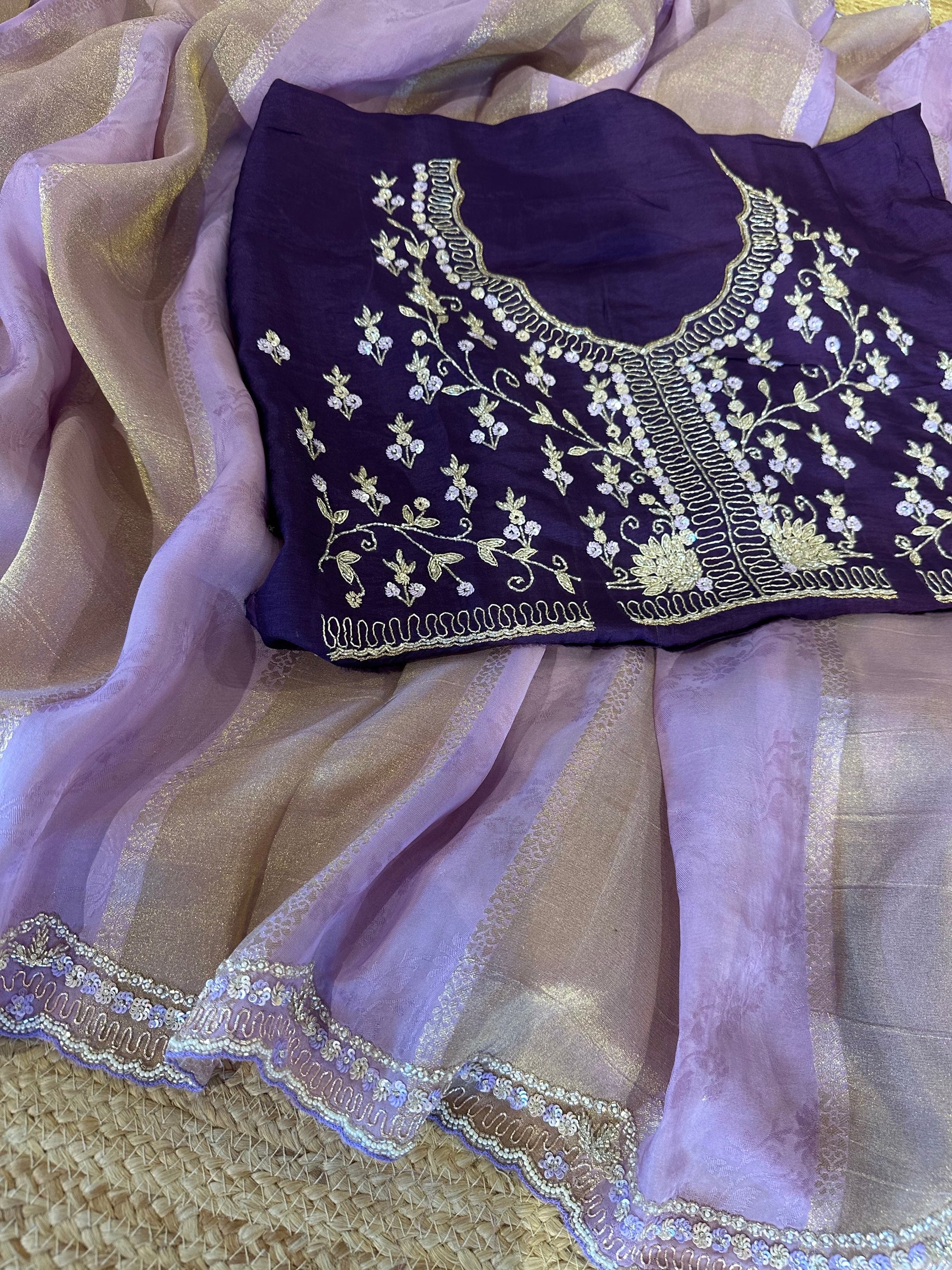 Lilac Tissue and kora brasso Saree with Scalloped handwork borders & blouse