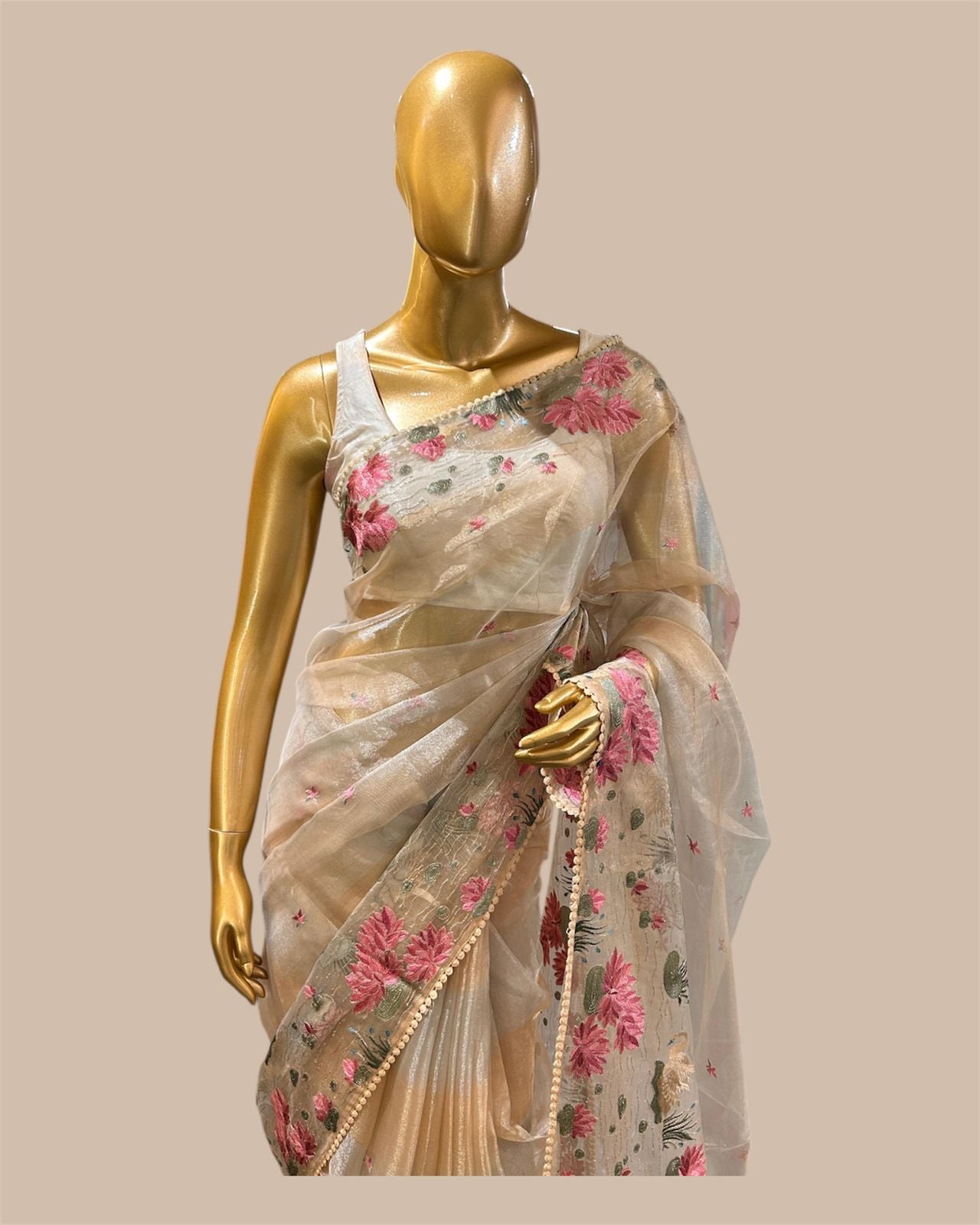 Pure Tissue Saree with silver and golden zari wide stripes & Embroidered Borders