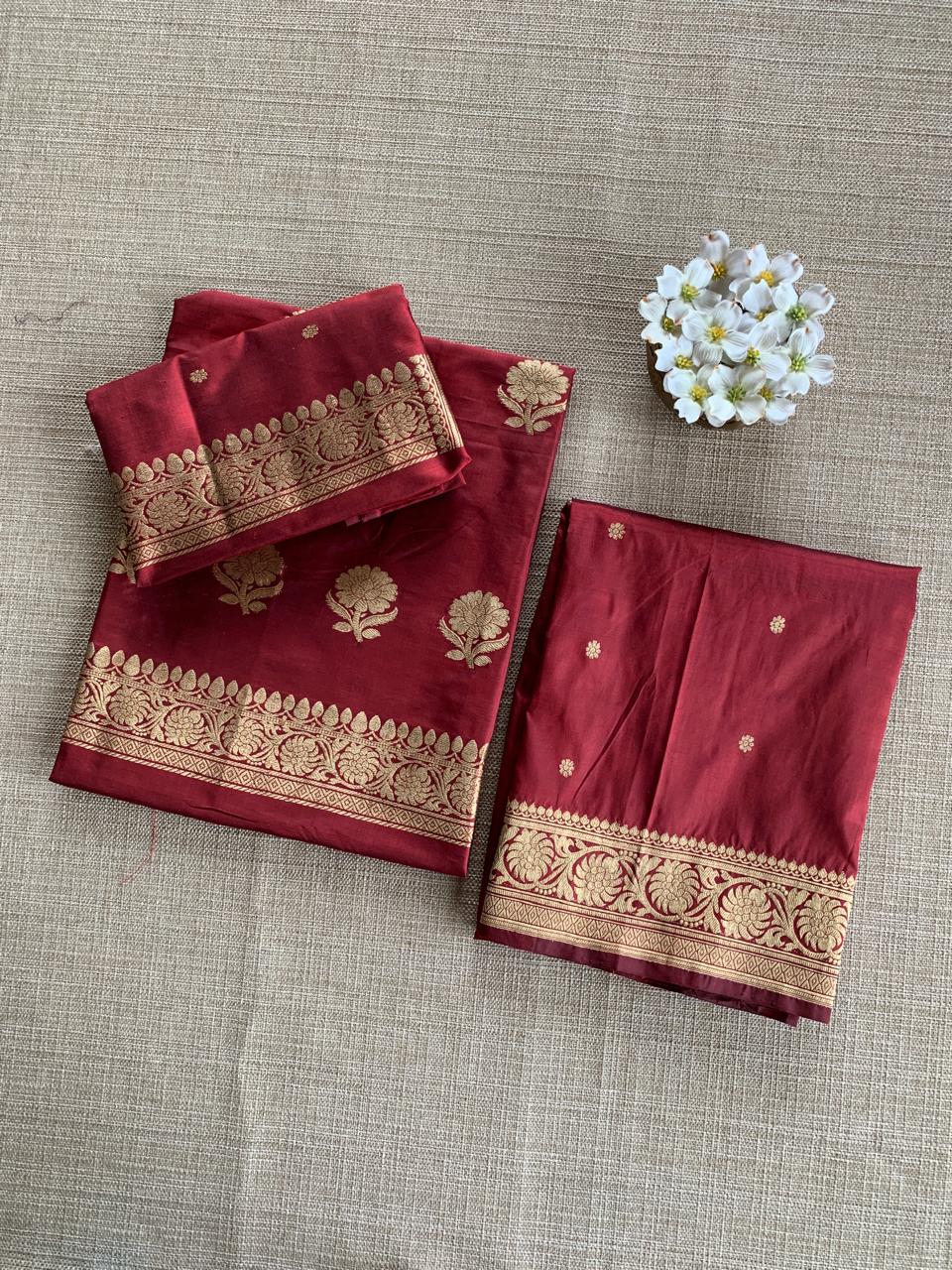 Meroon Katan Silk  3 pc Suit Set with  kaduwa weaving