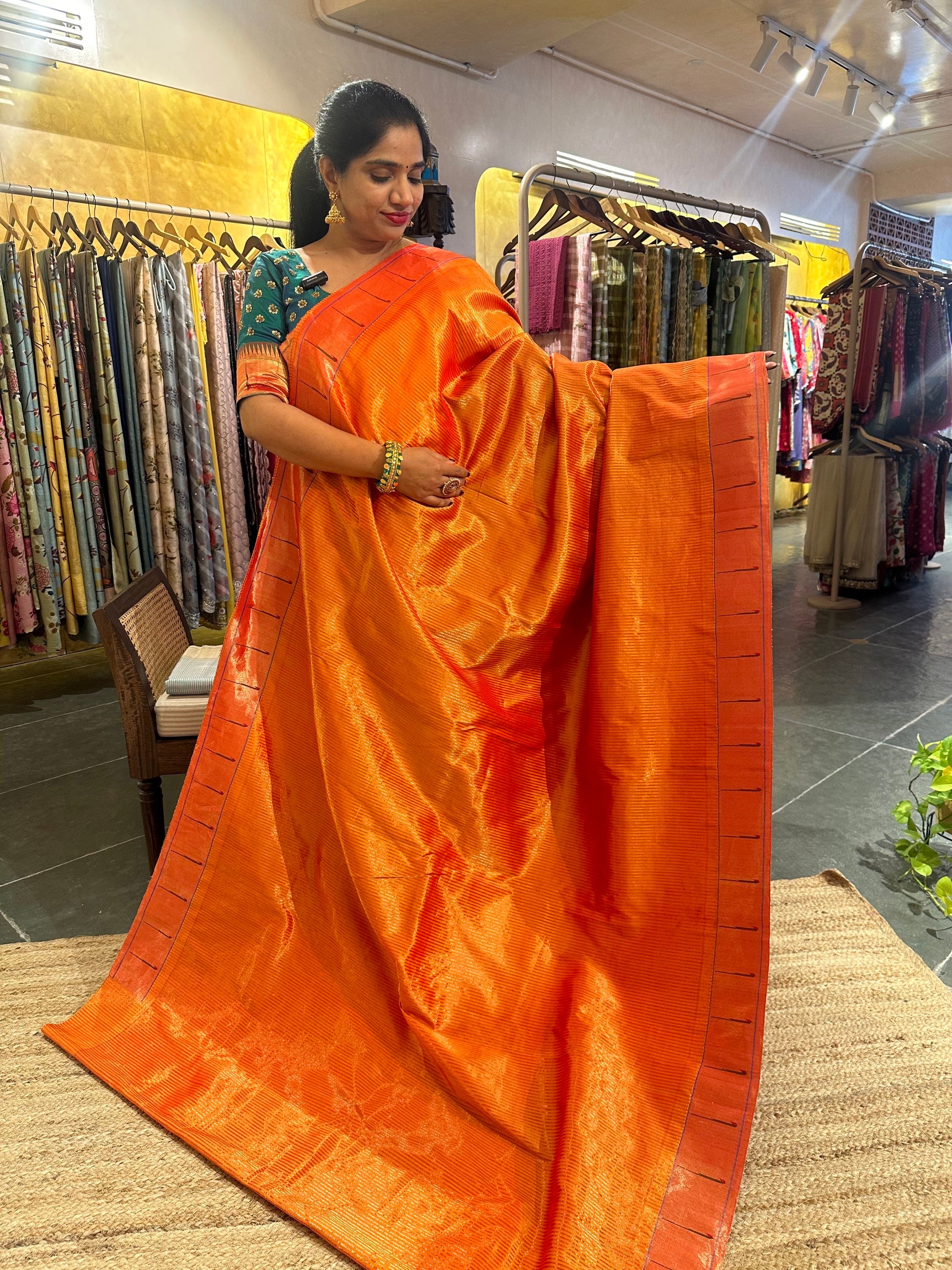 Orange tissue stripcolor single muniya pure paithani saree