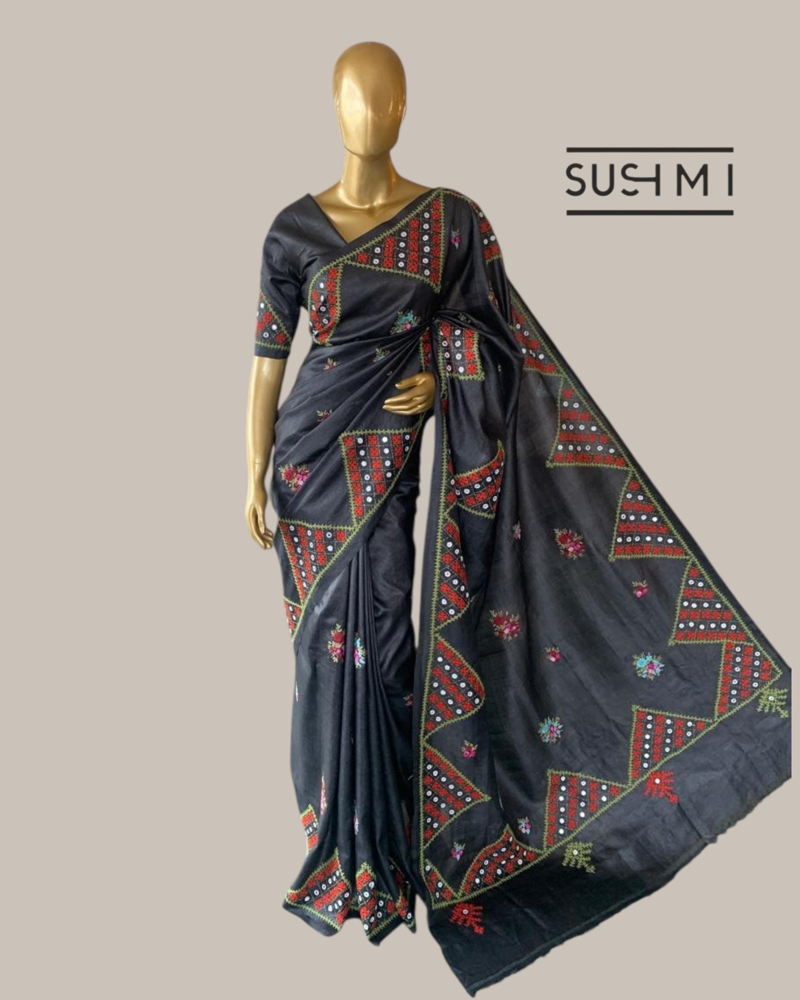 Elephant Grey Pure Tussar Saree with handwork Kutch embroidered with mirrors