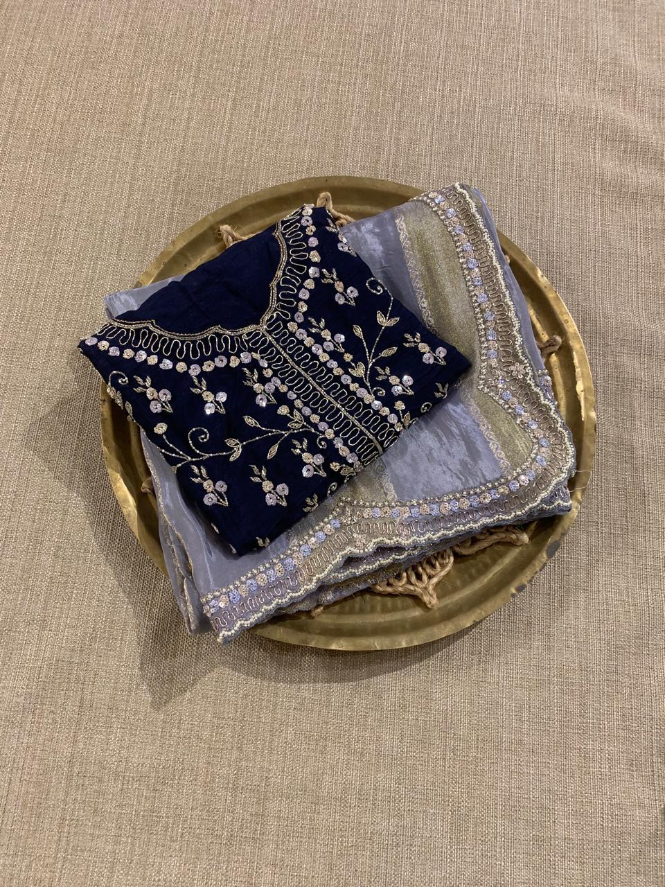 Slate Blue Tissue and kora brasso Saree with Scalloped handwork borders & blouse