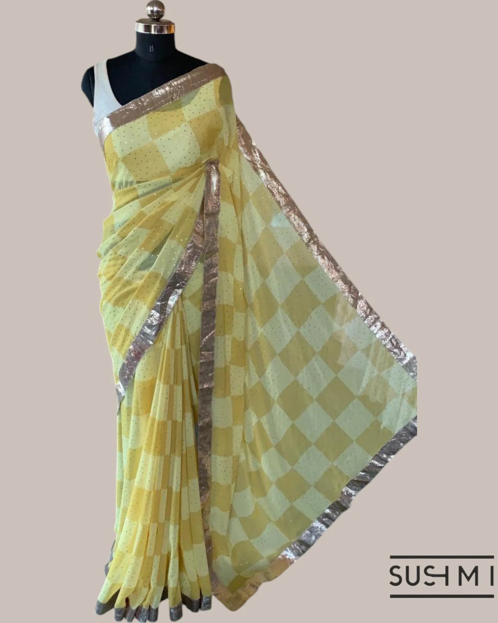 Pure Gorgette Saree in Checks Pattern , Allover Seuence & Hemlined Wth Gota lace