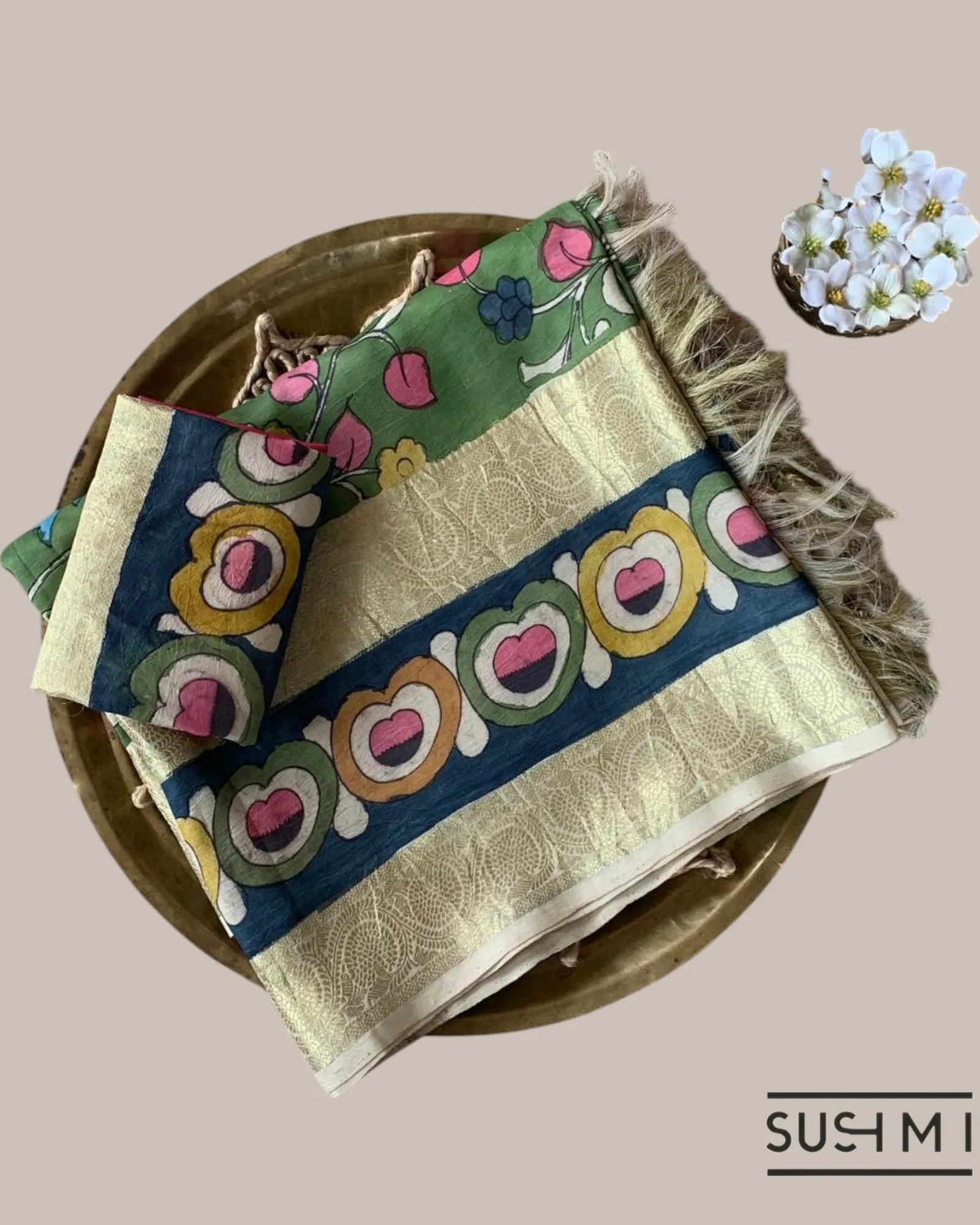 Green Kanchi Pen kalamkari handpainted saree with heavy borders