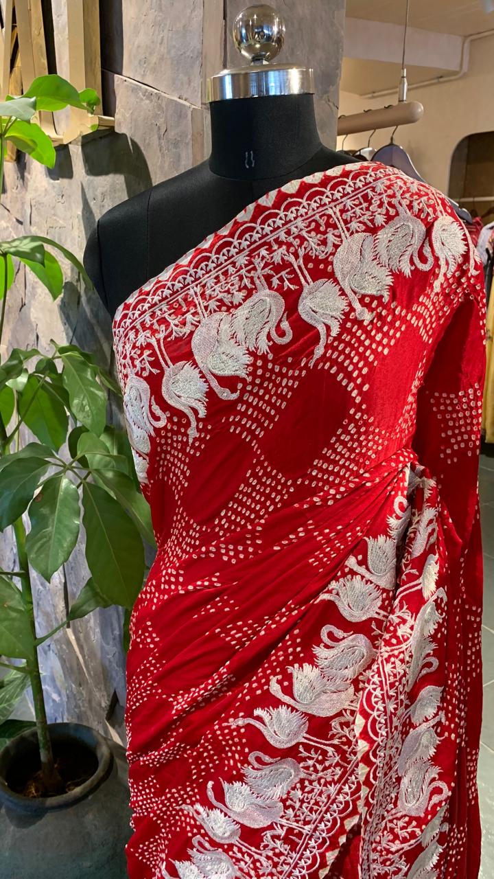 Pure Gajji Silk Rai Bandhej Saree in half and half style with Swan embroidery