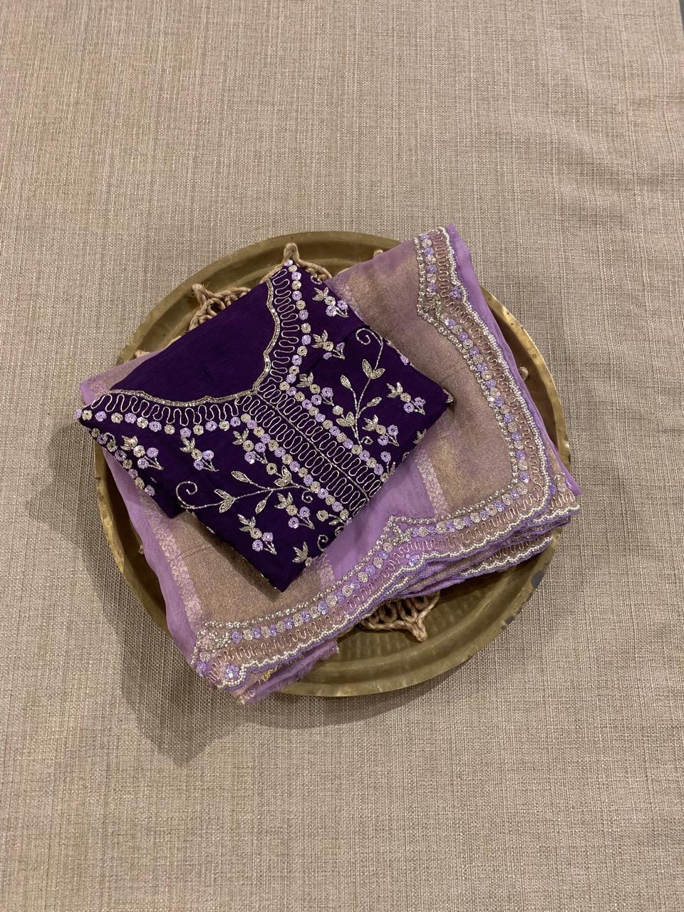 Lilac Tissue and kora brasso Saree with Scalloped handwork borders & blouse