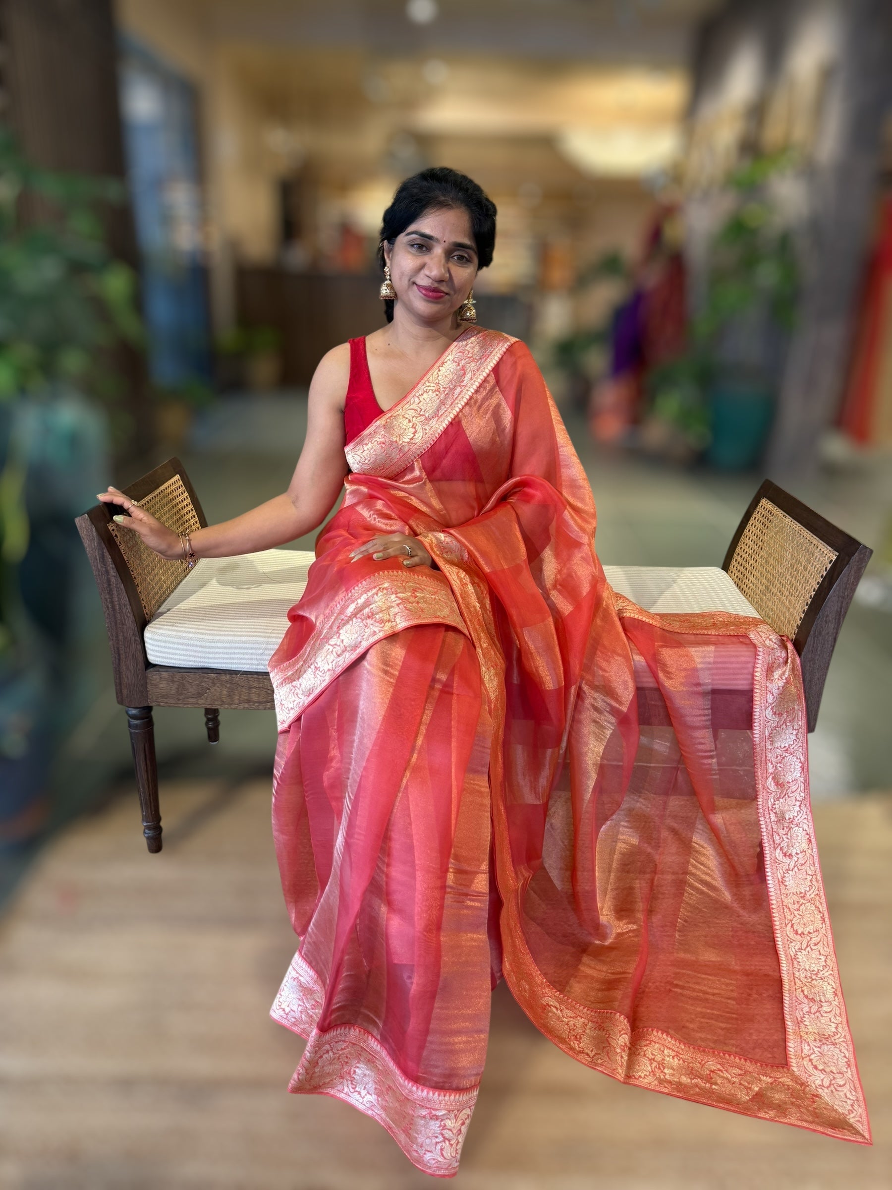 Koral Pink Banarasi Kora Tissue Stripes Saree With Banarasi Borders & Blouse