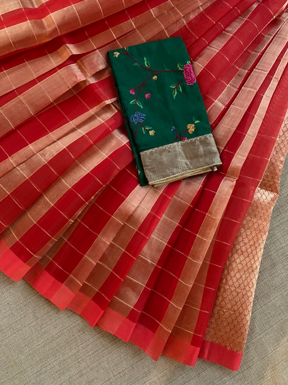 Red Pure Handloom Banarasi Kora Tissue Checks Saree