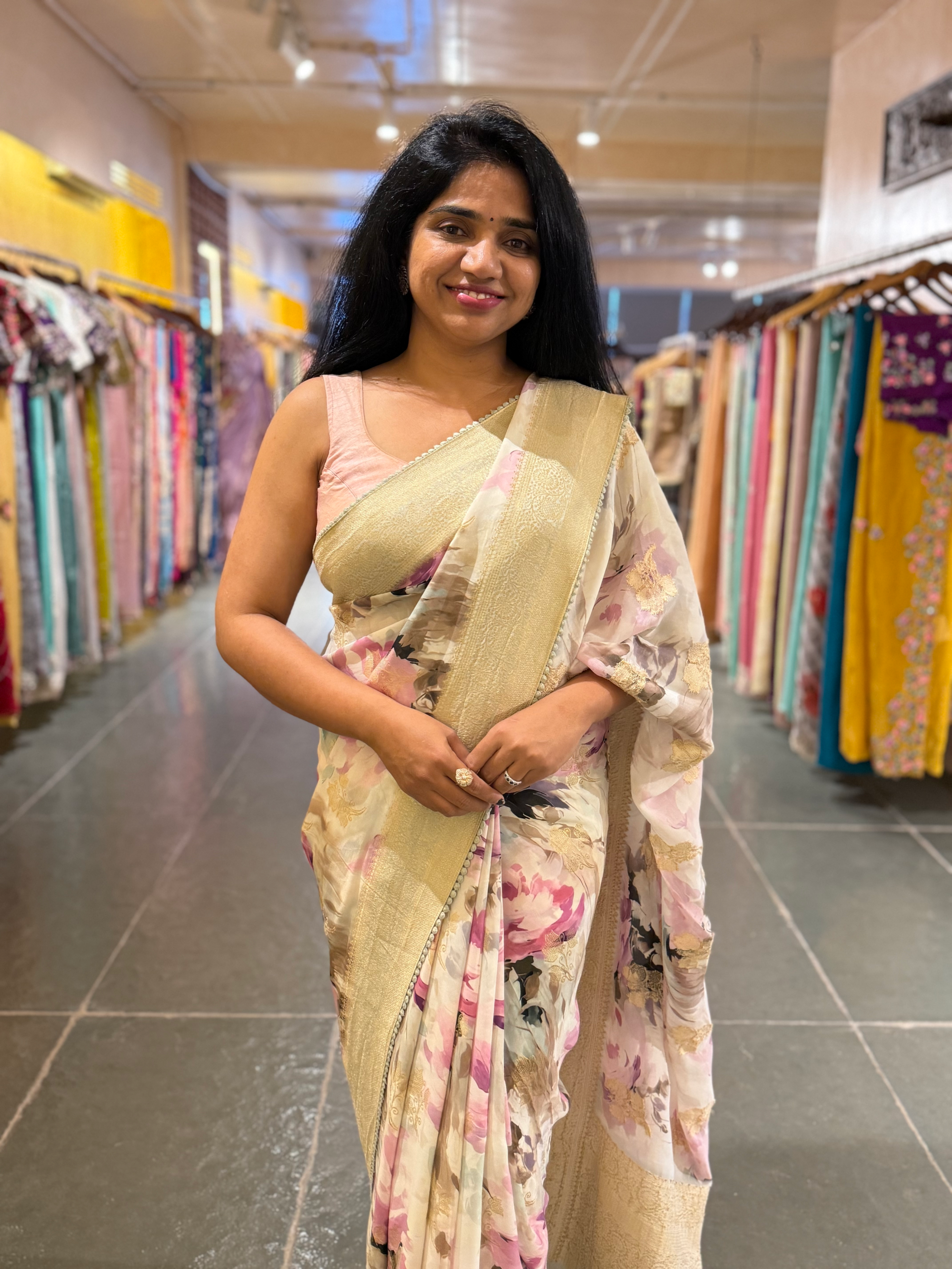 Banarasi Khaddi Gorgette Sarees with Floral Prints hemlined with crotia lace
