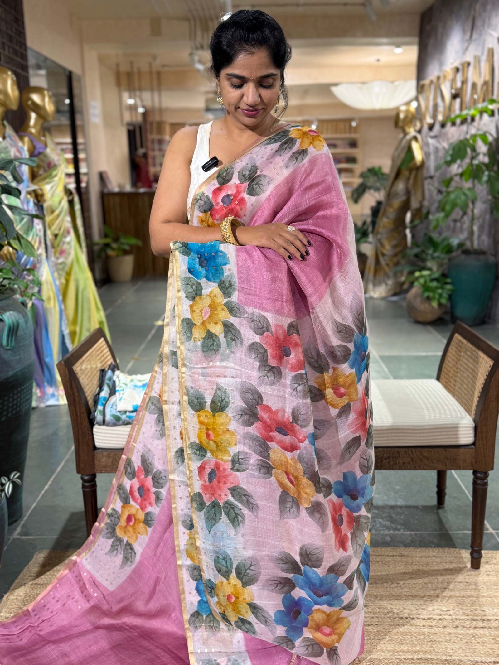 Rose Pink Tussar Kota Tissue Saree with Handpainted Muslin Border and Pallu