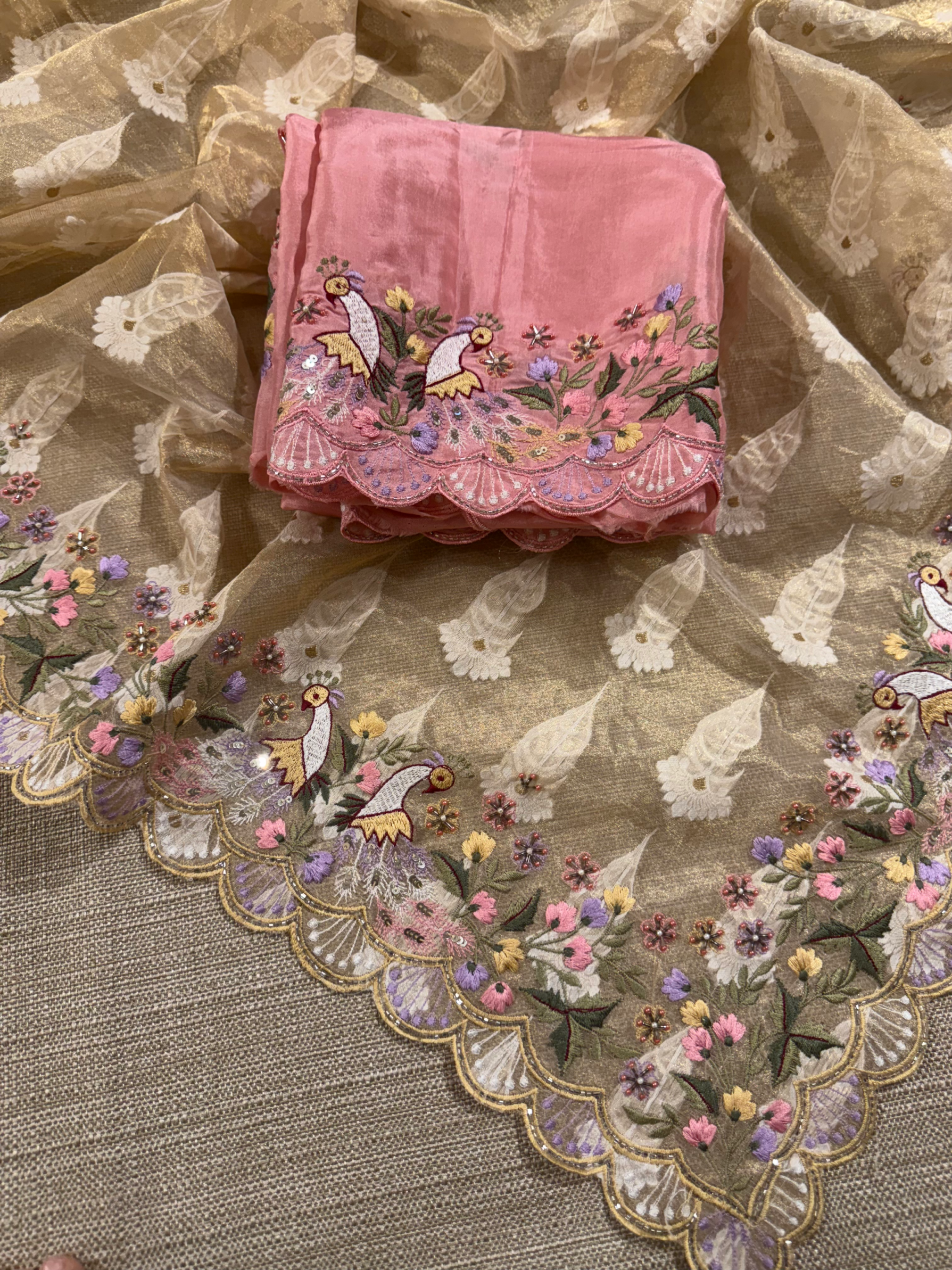 GTEA2002 : Pure Handloom Gold Tissue Saree With handwork borders and blouse