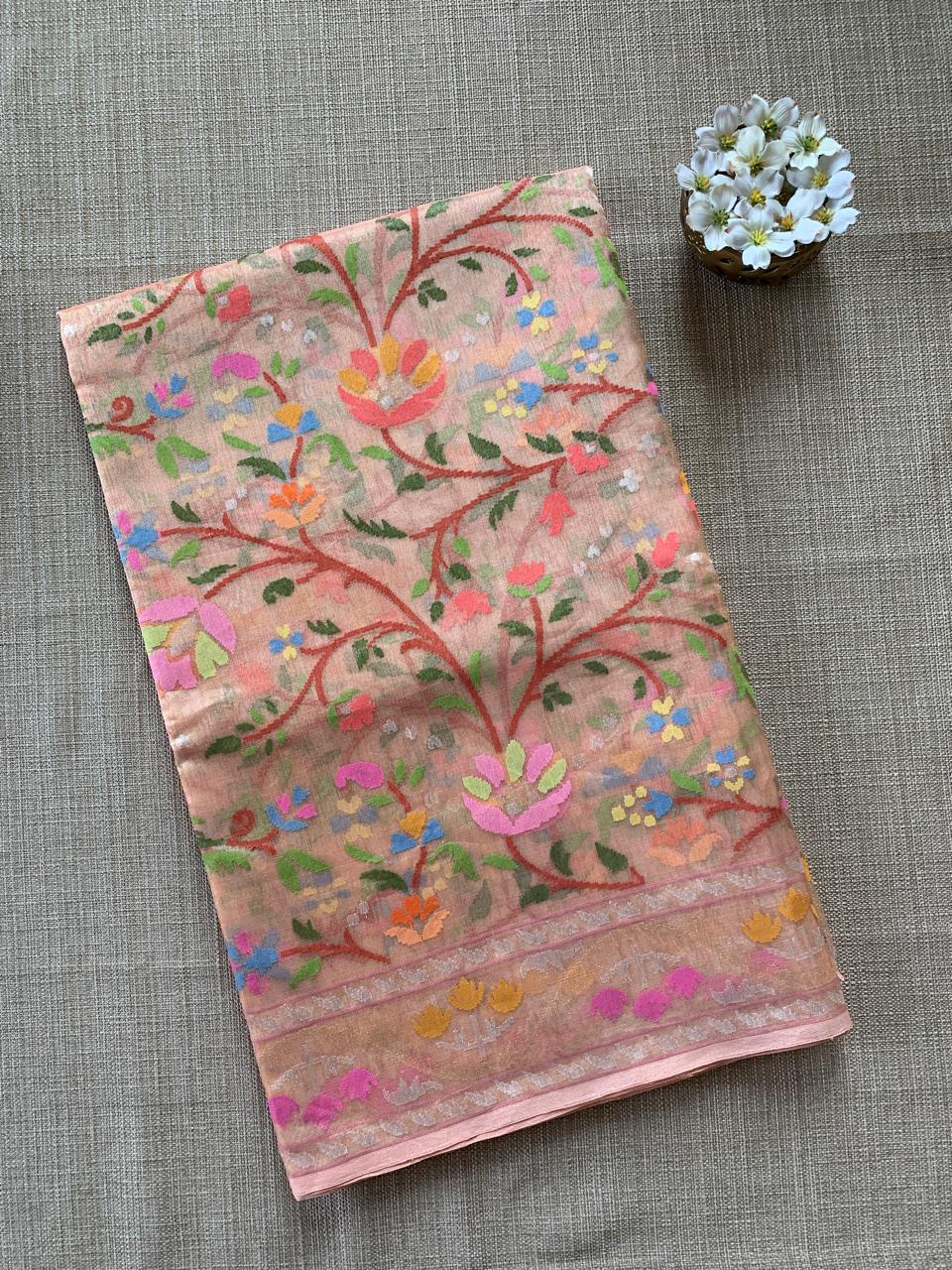 Peach Real Zari  Banarasi Tissue Jamdani Saree