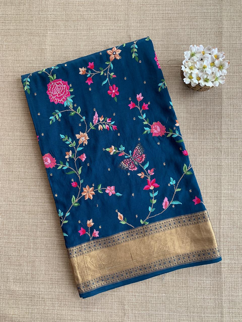 Midnight Blue Kanchi soft Silk Saree With Allover Petite Point Embroidery