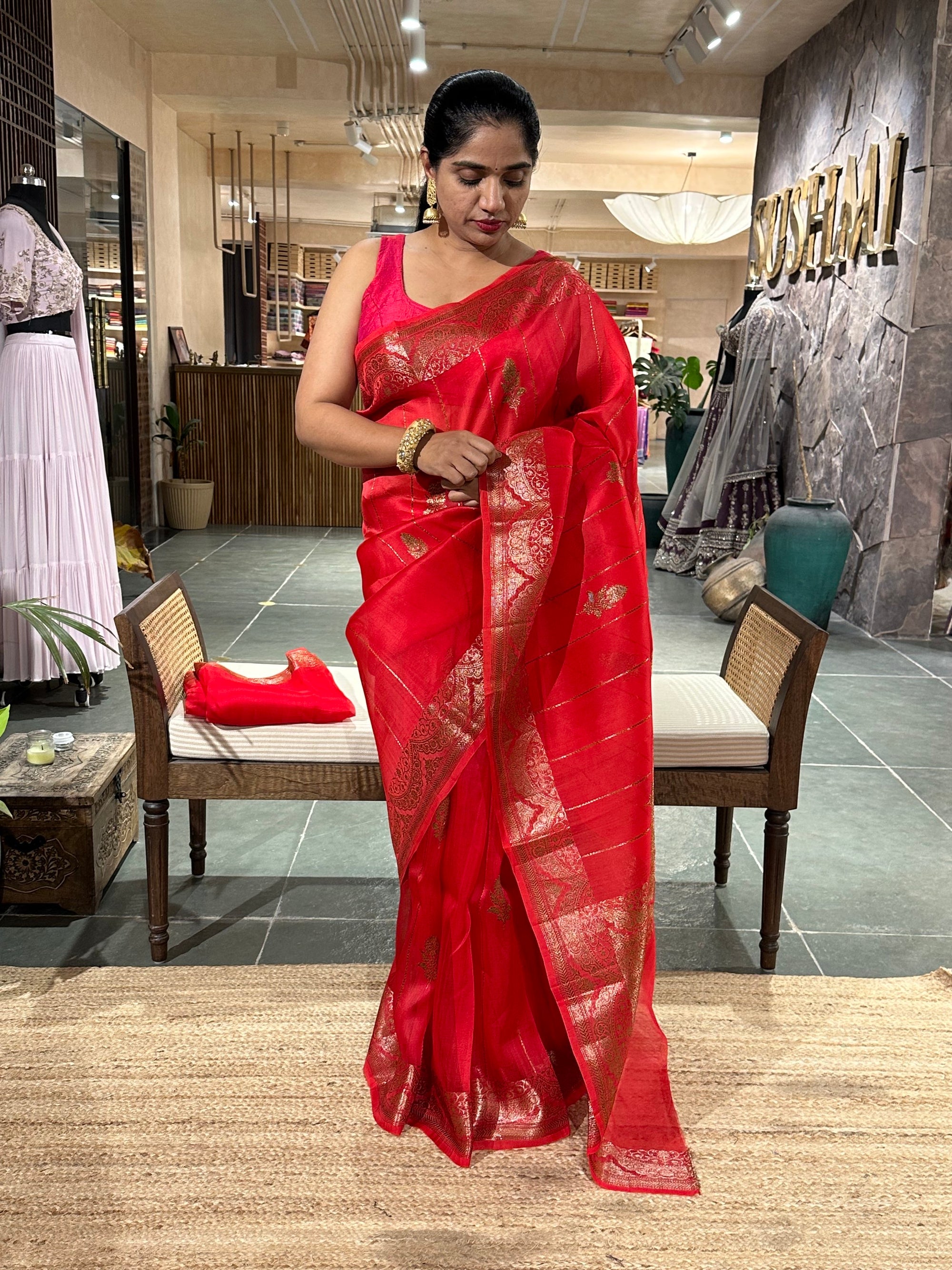 Half white crush Saree with allover applique work in leaf creeper pattern  and h