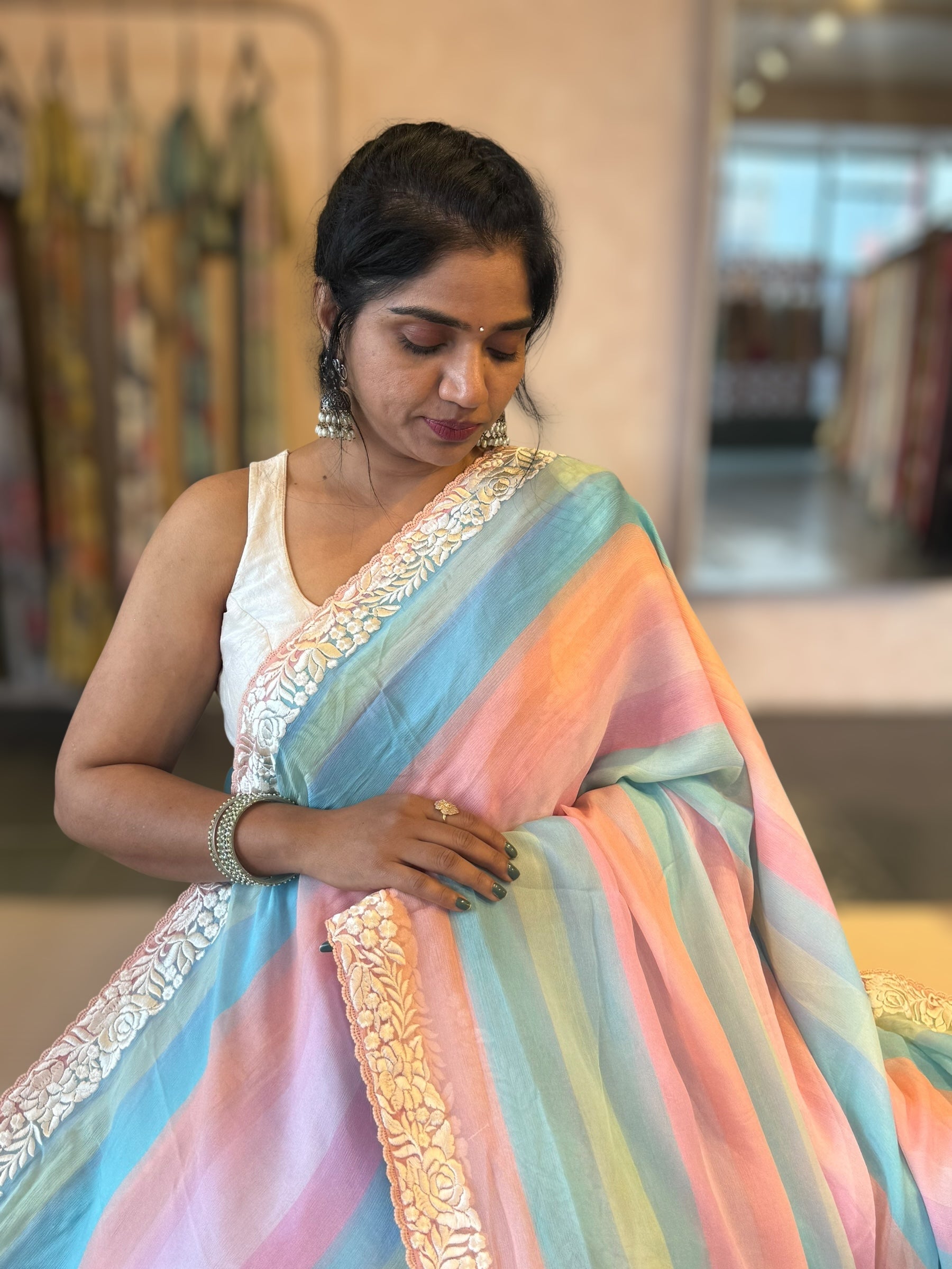 Pure Chiffon Saree with Ombre Brush dyeing & Parsi Gara Embroidered Border