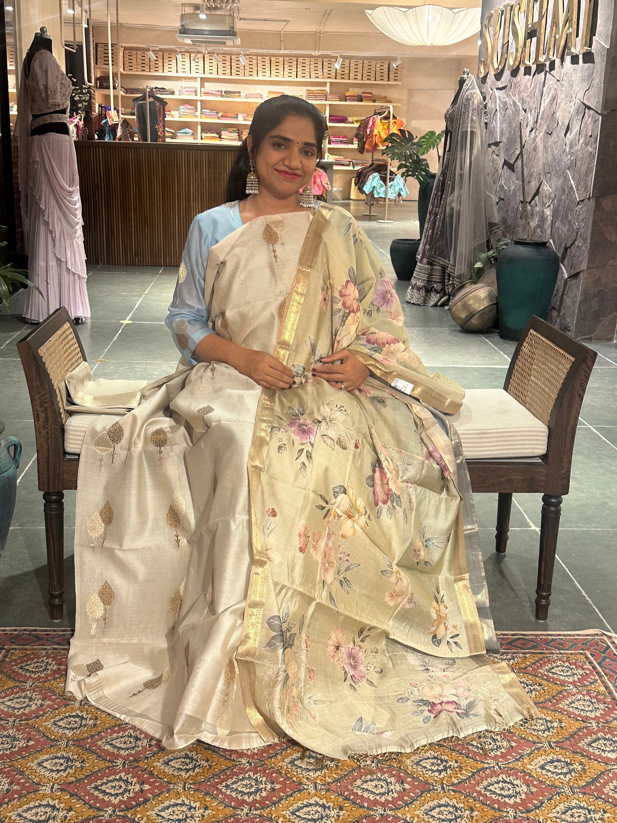 Beige/ light pista Banarasi Silk Cotton Suit Sets