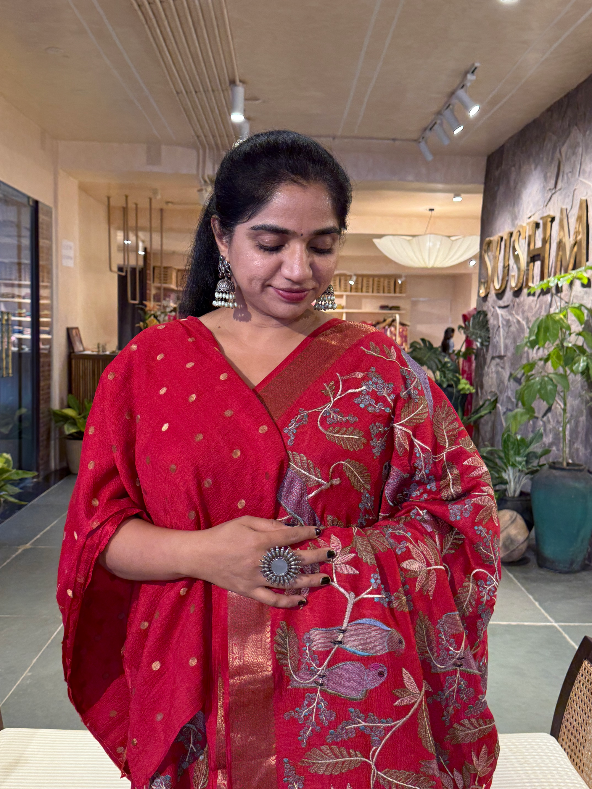 SMSEA115 Dark Red Pure Handloom Munga Silk Saree with allover  Embroidery