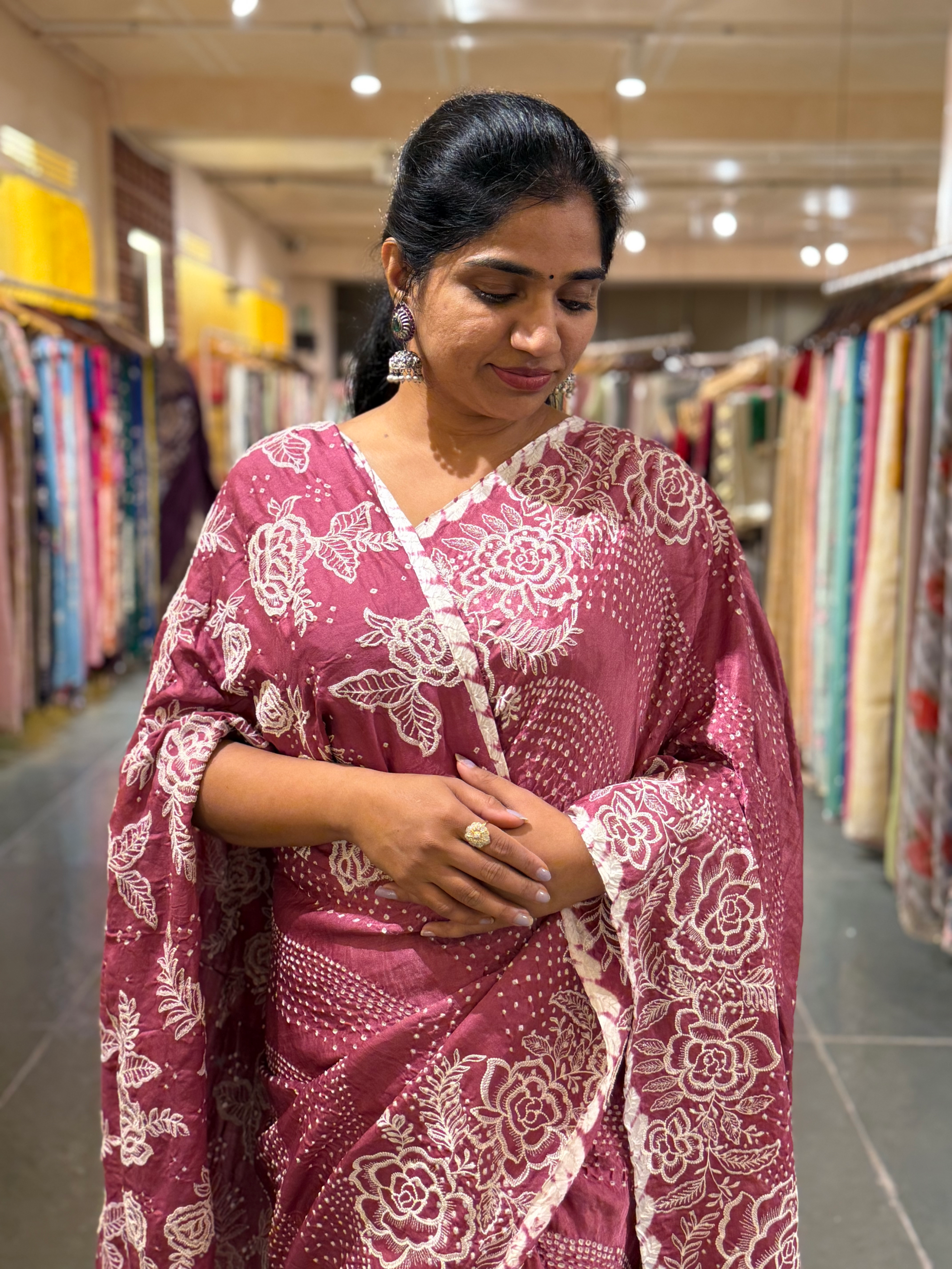 Dark Onion Pink Pure Gajji Silk Rai Bandhej Saree with Outline Embroidery