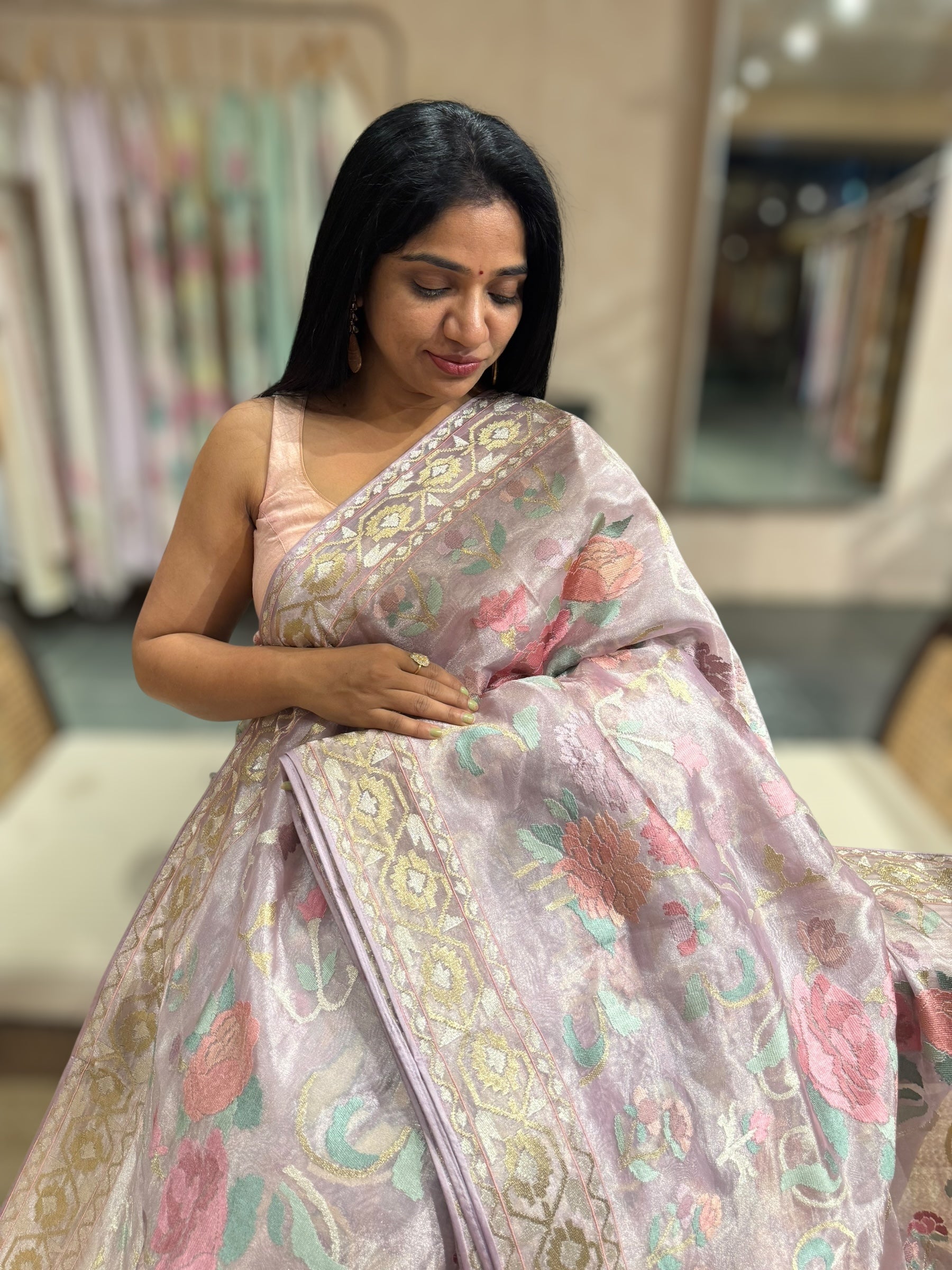 Lilac Pink Pure Tissue With Jamdani Inspired Allover Embroidery