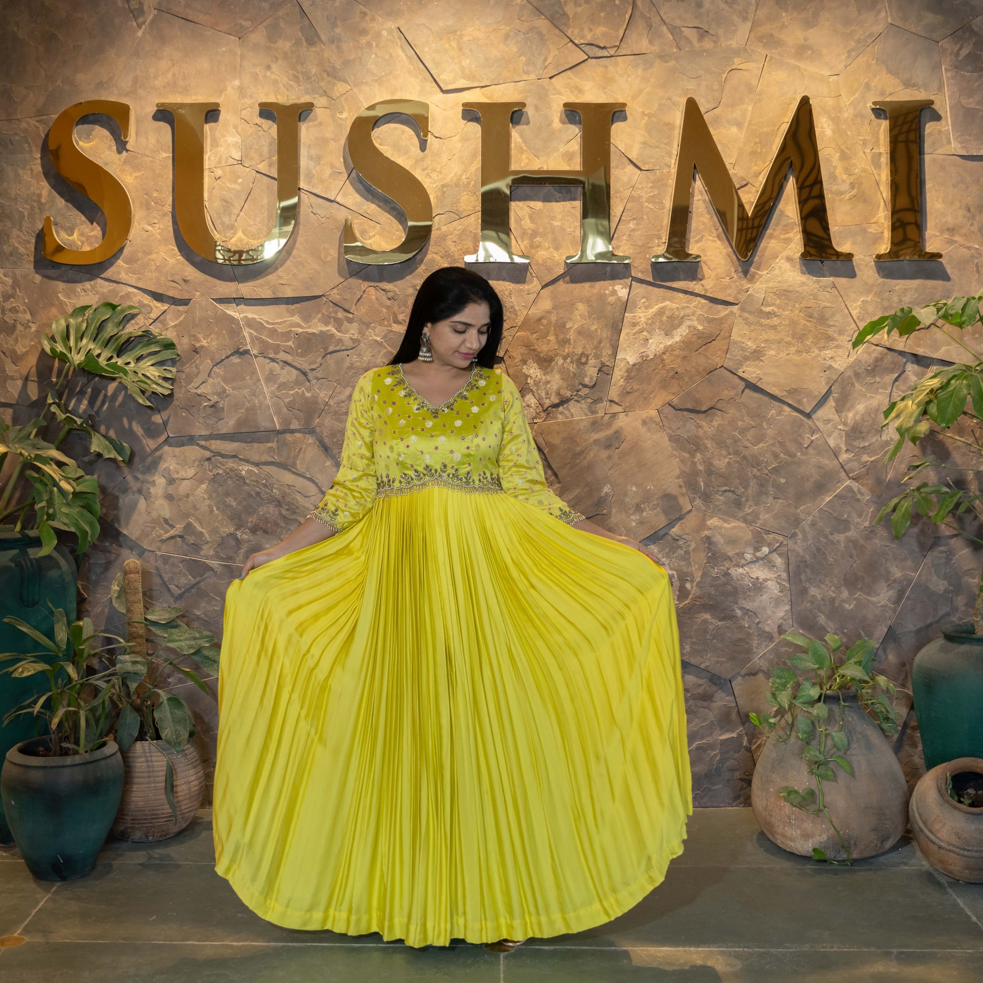 Pure Modal Satin long frock with Bandhini silk handwork yoke
