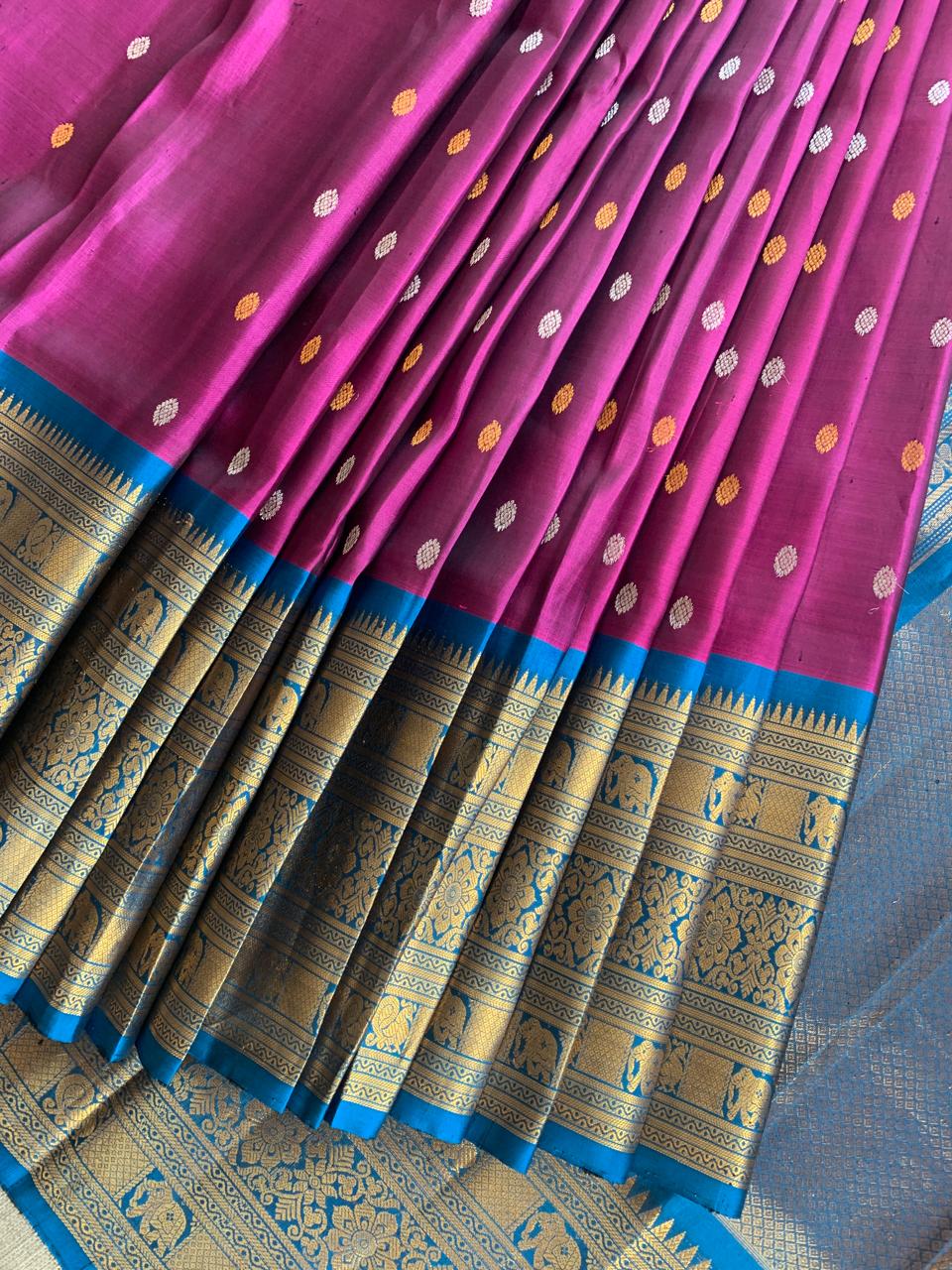 SGSA208 Wine and Peacock Blue Combo Gadwal Handloom Pure Silk Saree