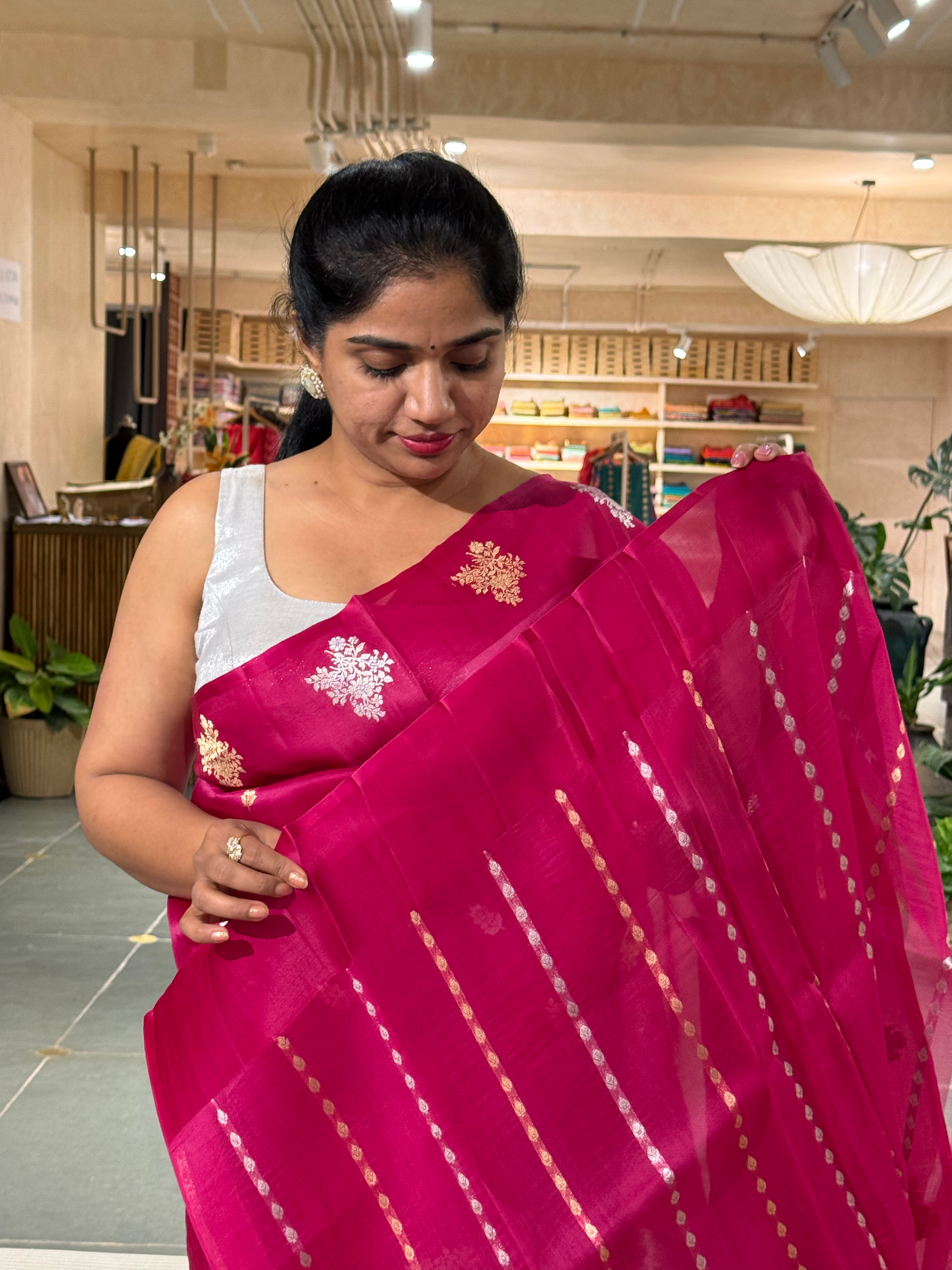 Rani Pink Kora Banarasi Handloom Silk Saree with Sona Rupa Kaduwa Weaving