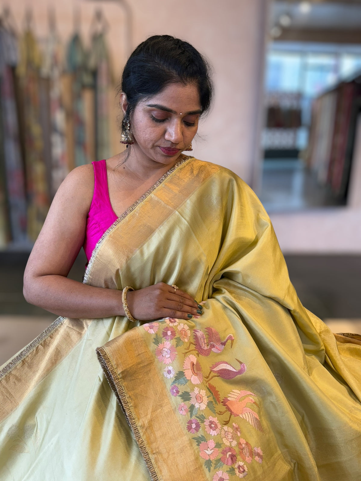Pale Gold Green Kanchi Silk Saree in With  Parsi Gara  Embroidered Border
